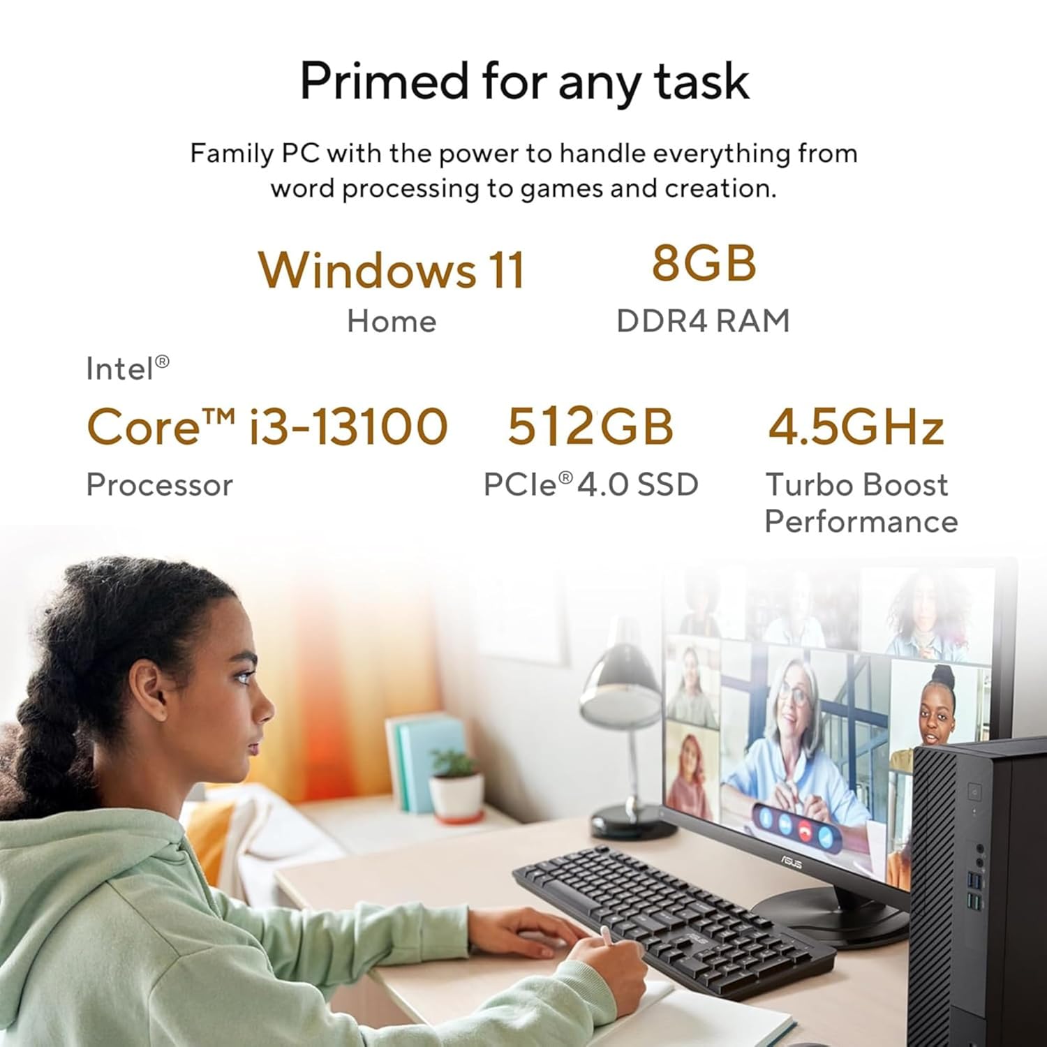 ASUS S500SE, Intel Core i3-13100 Processor 3.4GHz (12M Cache, up to 4.5GHz, 4 cores), Tower PC (8GB RAM/512GB SSD/Windows 11/Office Home/with Wired Keyboard & Mouse/Black/5 Kg), S500SE-313100019WS