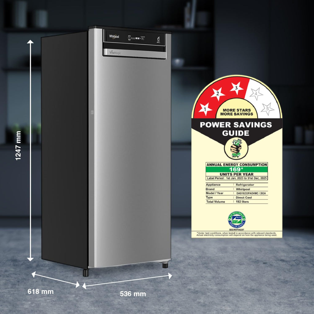 Whirlpool 192 L 3 Star Vitamagic PRO Frost Free Direct-Cool Single Door Refrigerator (215 VMPRO PRM 3S RADIANT STEEL-Z Fridge, Silver, Auto Defrost Technology)
