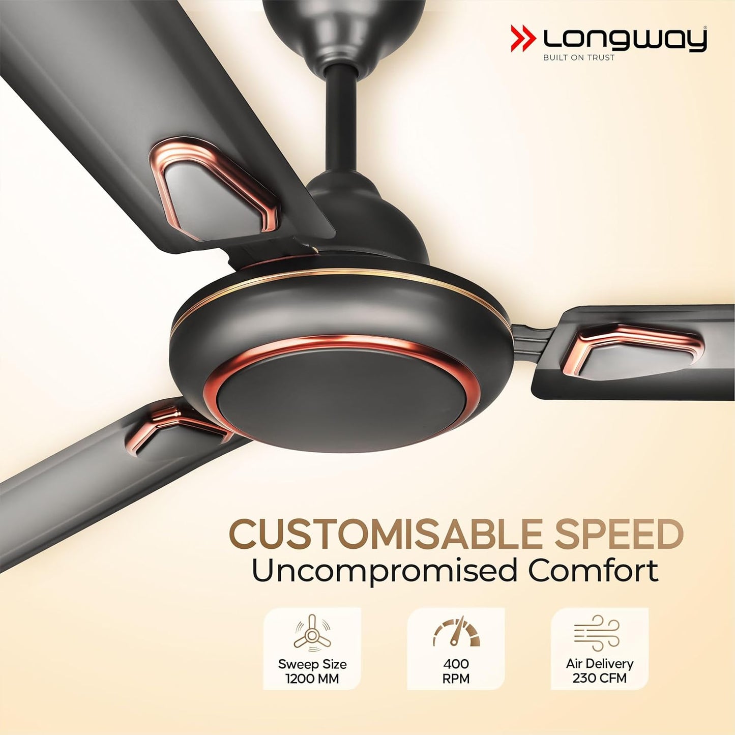LONGWAY Kiger P2 1200 mm/48 inch Ultra High Speed 3 Blade Anti-Dust Decorative Star Rated Ceiling Fan (Smoked Brown, Pack of 2)