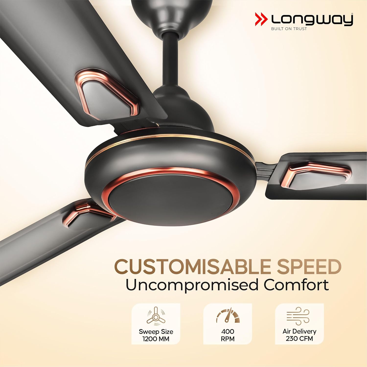 LONGWAY Kiger P2 1200 mm/48 inch Ultra High Speed 3 Blade Anti-Dust Decorative Star Rated Ceiling Fan (Smoked Brown, Pack of 2)