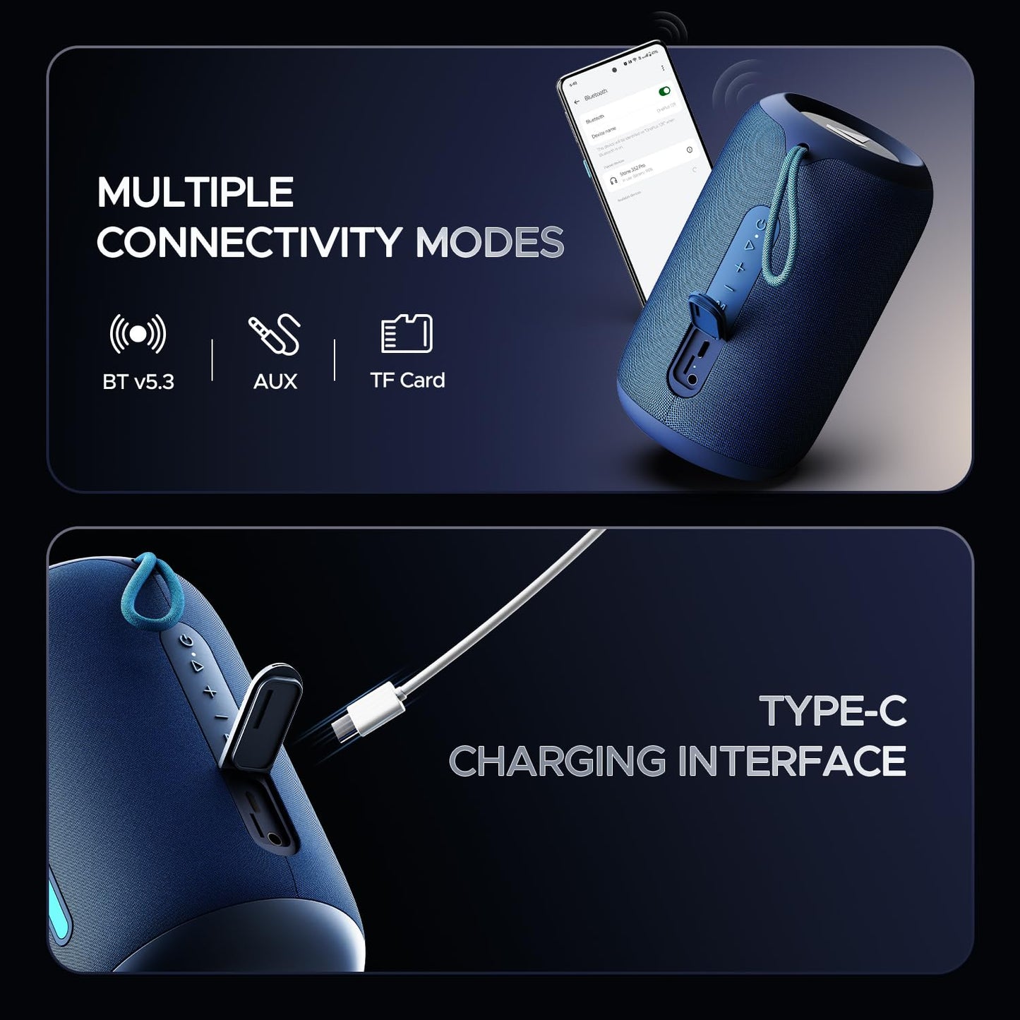 boAt Stone 352 Pro/Stone 358 Pro w/ 14W Signature Sound, Up to 12 Hours Playback, RGB LEDs, TWS Feature, Built-in Mic, BTv5.3, AUX Port, IPX5 & Type-C Interface Bluetooth Speaker(Vibing Blue)