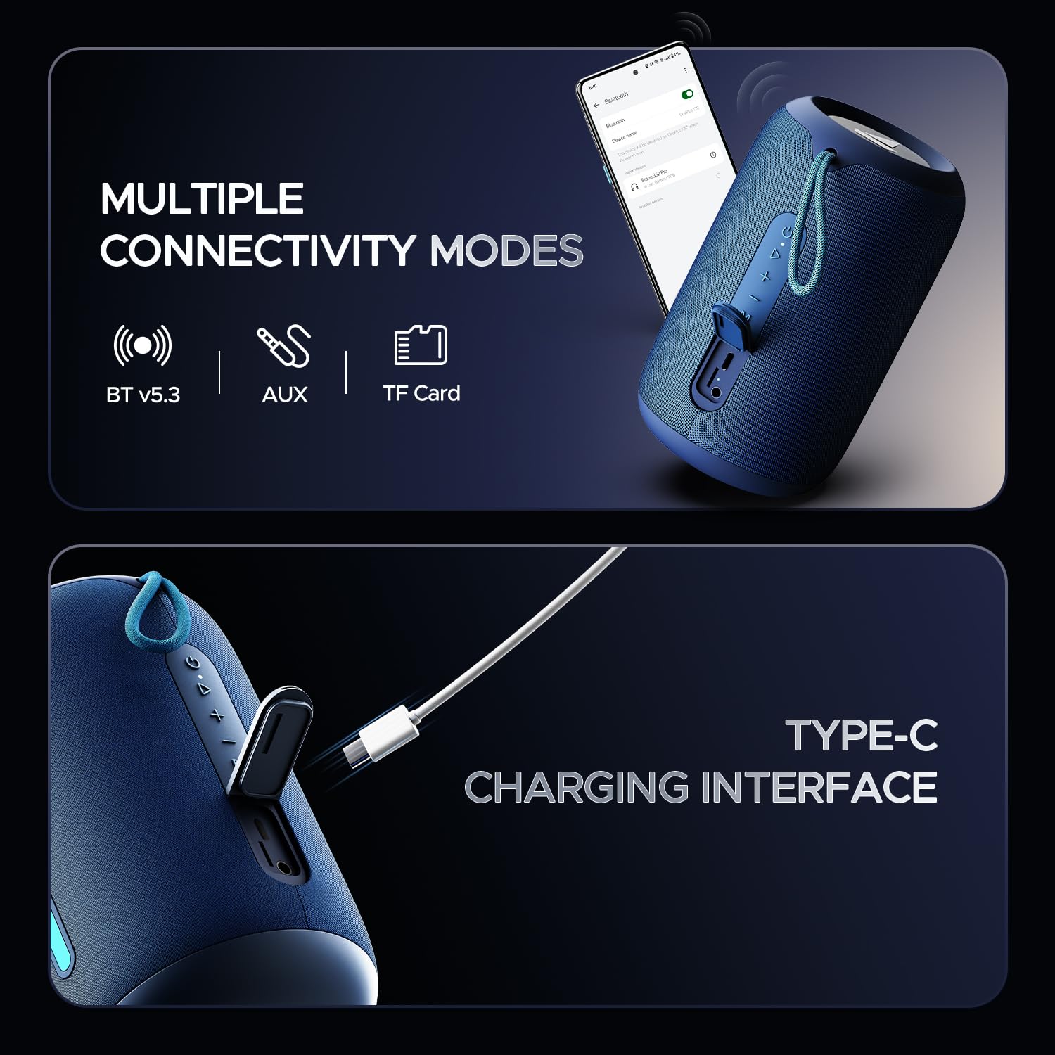 boAt Stone 352 Pro/Stone 358 Pro w/ 14W Signature Sound, Up to 12 Hours Playback, RGB LEDs, TWS Feature, Built-in Mic, BTv5.3, AUX Port, IPX5 & Type-C Interface Bluetooth Speaker(Vibing Blue)