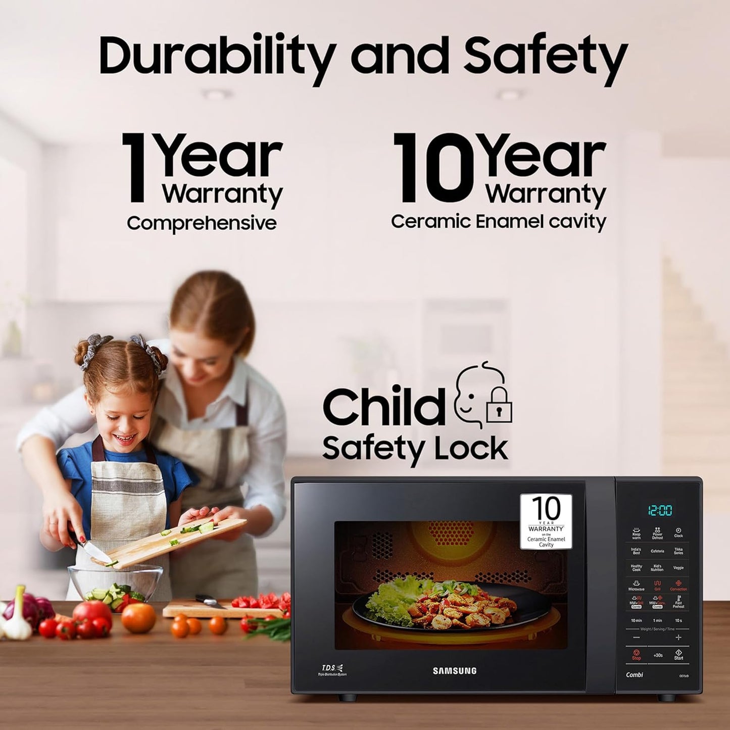 Samsung 21 L, Convection Microwave Oven (CE73JD-B1/XTL, Black, Various Cooking Modes, Pre heat, Eco Mode, Power Defrost, Auto Cook, Wire Rack, Ceramic Enamel Cavity with 10 year warranty)