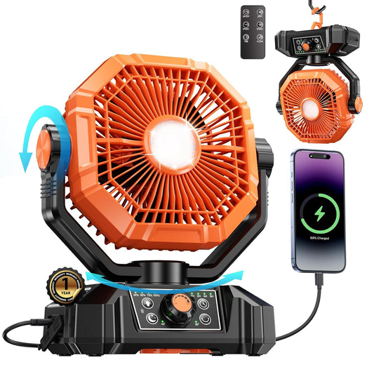 Tuarso 20000mAh Rechargeable Portable Fan for Home with LED Emergency Light, Battery Table Fan Rechargeable Big Size with Remote Control 8 High Speeds Wind, Kitchen Fans for Cooking Orange