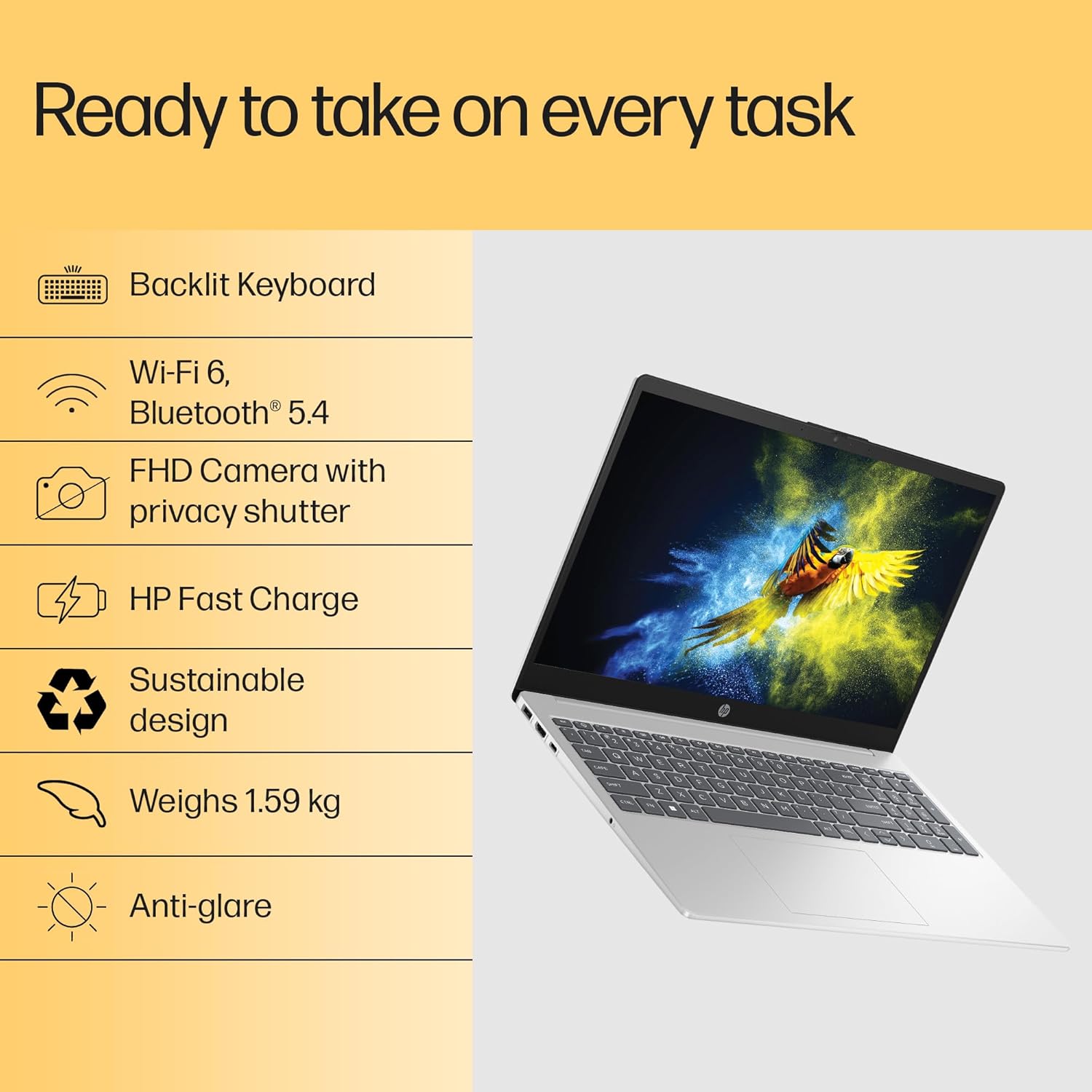 HP 15, AMD Ryzen 7 5825U (16GB DDR4, 512GB SSD) FHD, Anti-Glare, Micro-Edge,15.6''/39.6cm, Win11, M365(1yr)* Office24, Silver, 1.59kg, fc0476AU, Radeon Graphics, FHD Camera w/Shutter, Backlit Laptop