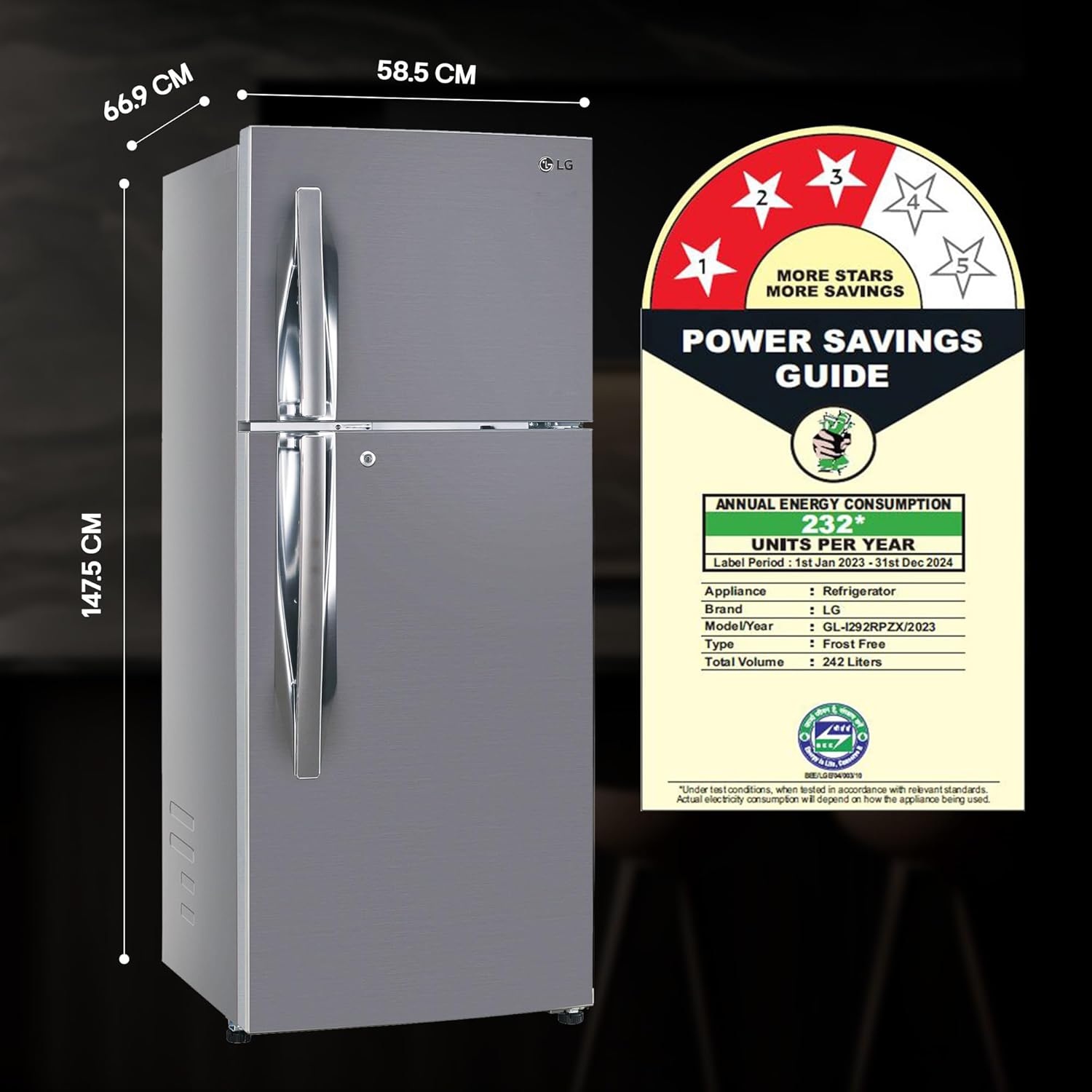LG 242 L 3 Star Smart Inverter Frost-Free Double Door Refrigerator (GL-I292RPZX, Shiny Steel, Door Cooling+)