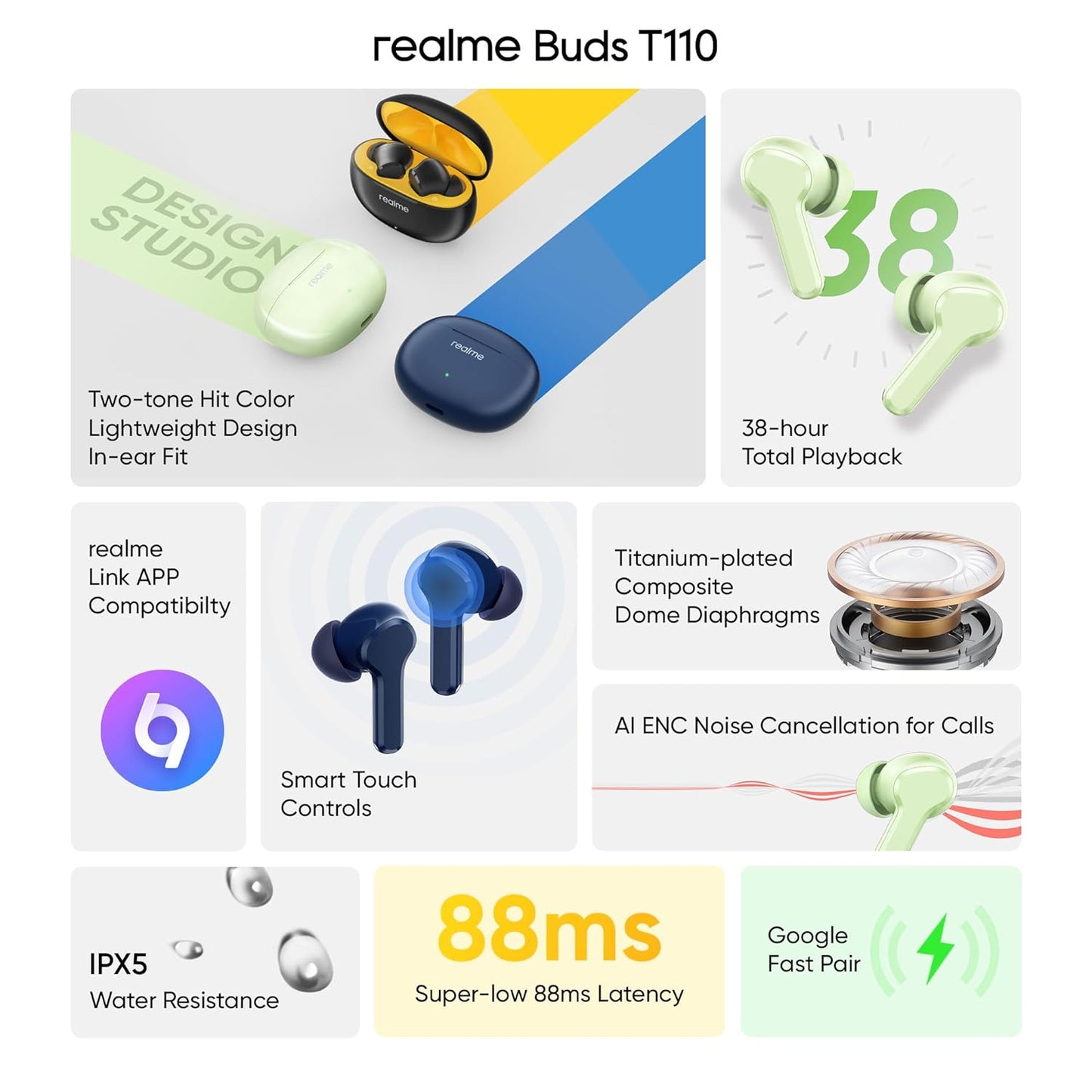 realme Earbuds T110 with Ai Enc for Calls, Upto 38 Hours of Playback and Fast Charging Bluetooth in Ear Headset (Country Green, True Wireless)