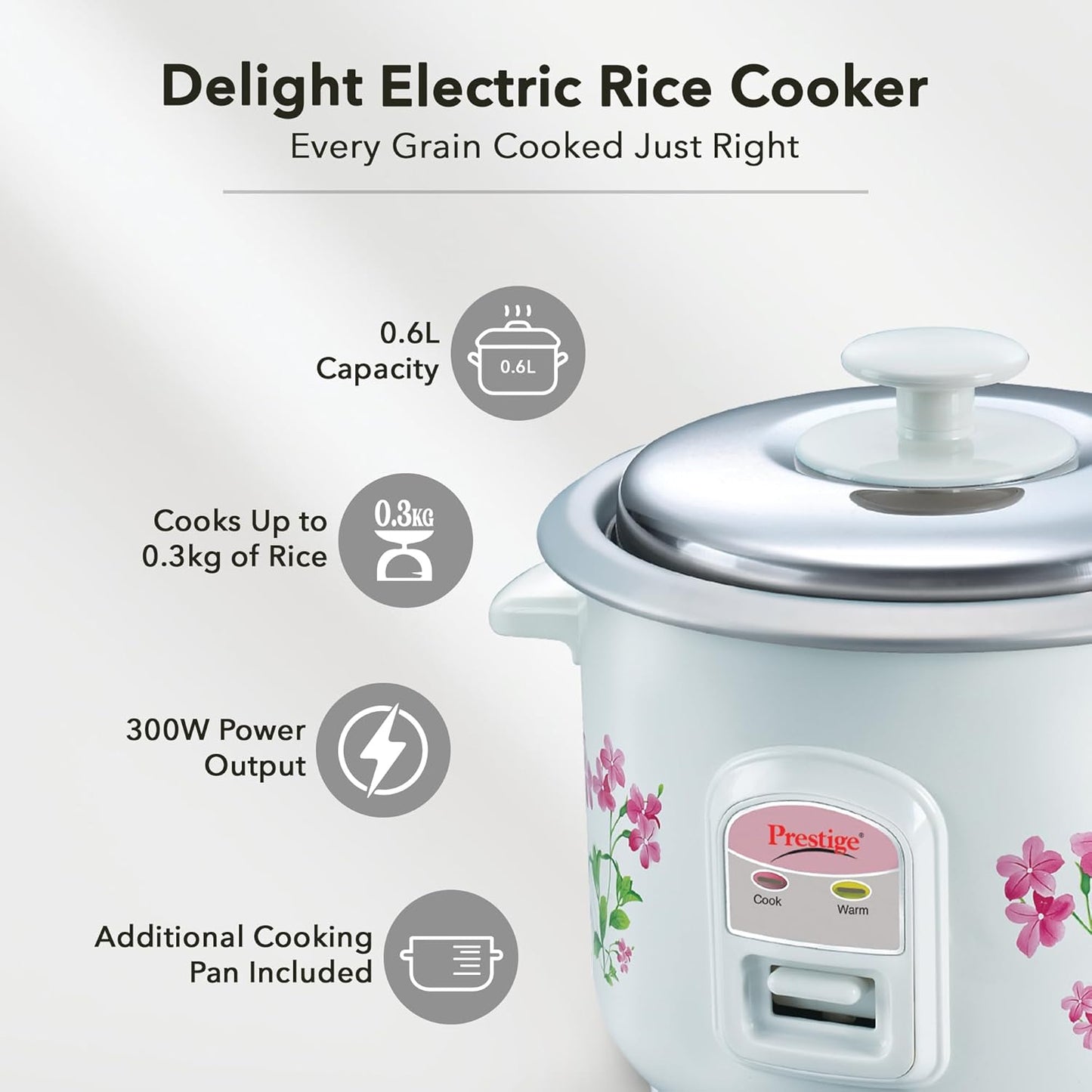 Prestige PRWO 0.6 L Electric Rice Cooker with 2 cooking pans|Detachable power cord|Durable body|Cool touch handles|White| Raw capacity-0.3L|Cooked capacity-0.6 L|Cooks for a family of 1 to 2 members