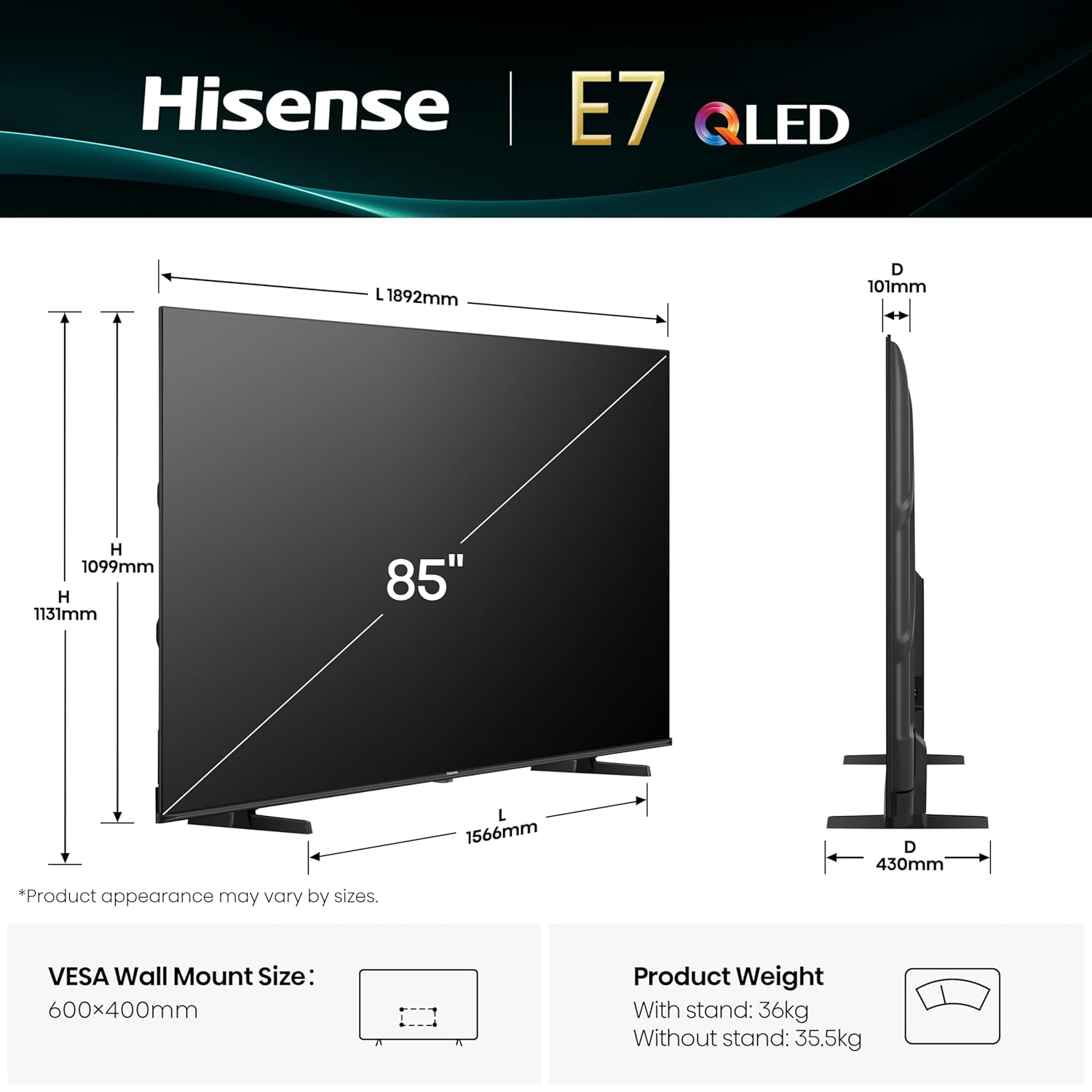 Hisense 215 cm (85 inches) E7Q Series 4K Ultra HD Smart QLED TV 85E7Q (Black)