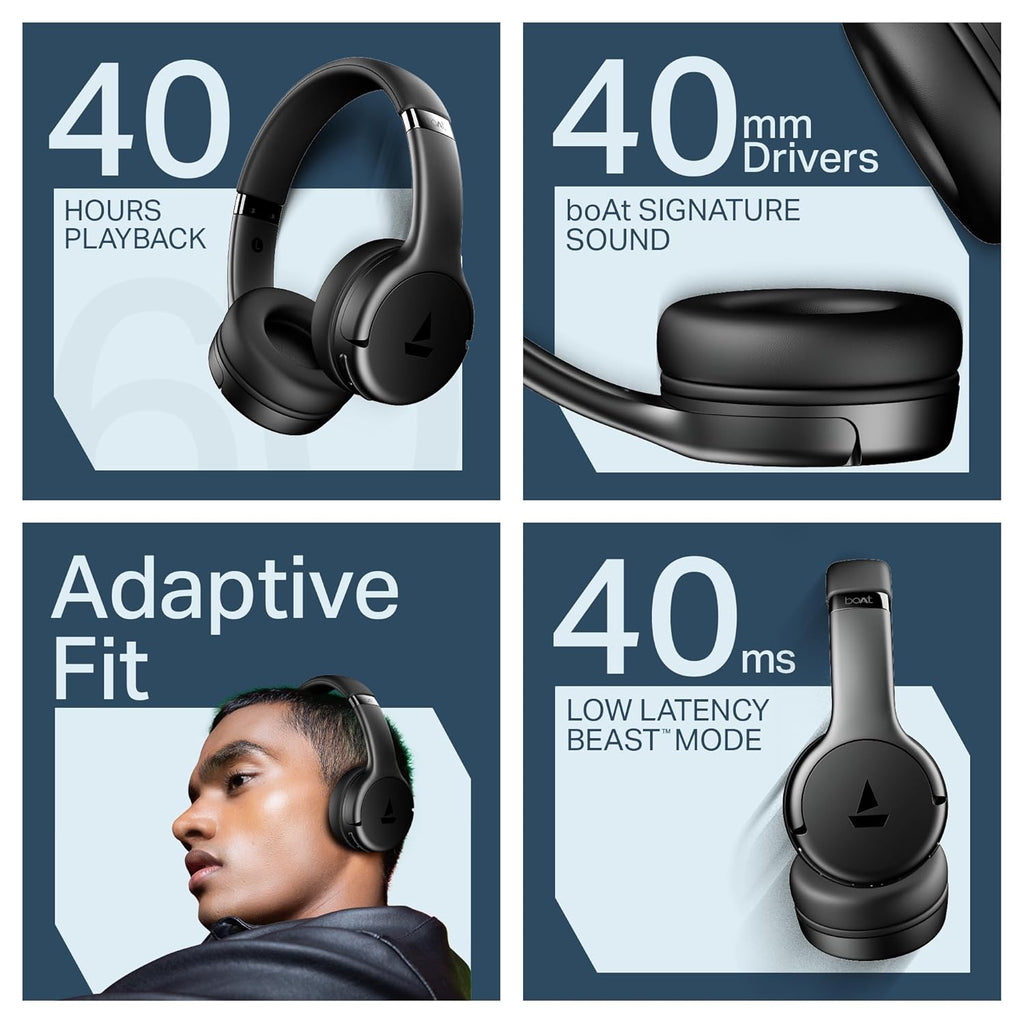 boAt Rockerz 411 (2025 Launch), 40Ms Low Latency, 40Hrs Battery, 40Mm Drivers, Enx Tech, Integrated Controls, V5.4 Bluetooth Headphones, Wireless Over Ear Headphone with Mic (Active Black)