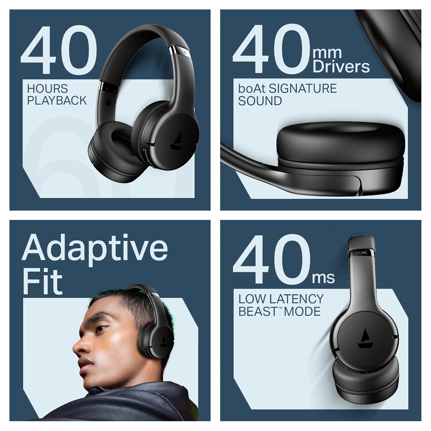 boAt Rockerz 411 (2025 Launch), 40Ms Low Latency, 40Hrs Battery, 40Mm Drivers, Enx Tech, Integrated Controls, V5.4 Bluetooth Headphones, Wireless Over Ear Headphone with Mic (Active Black)