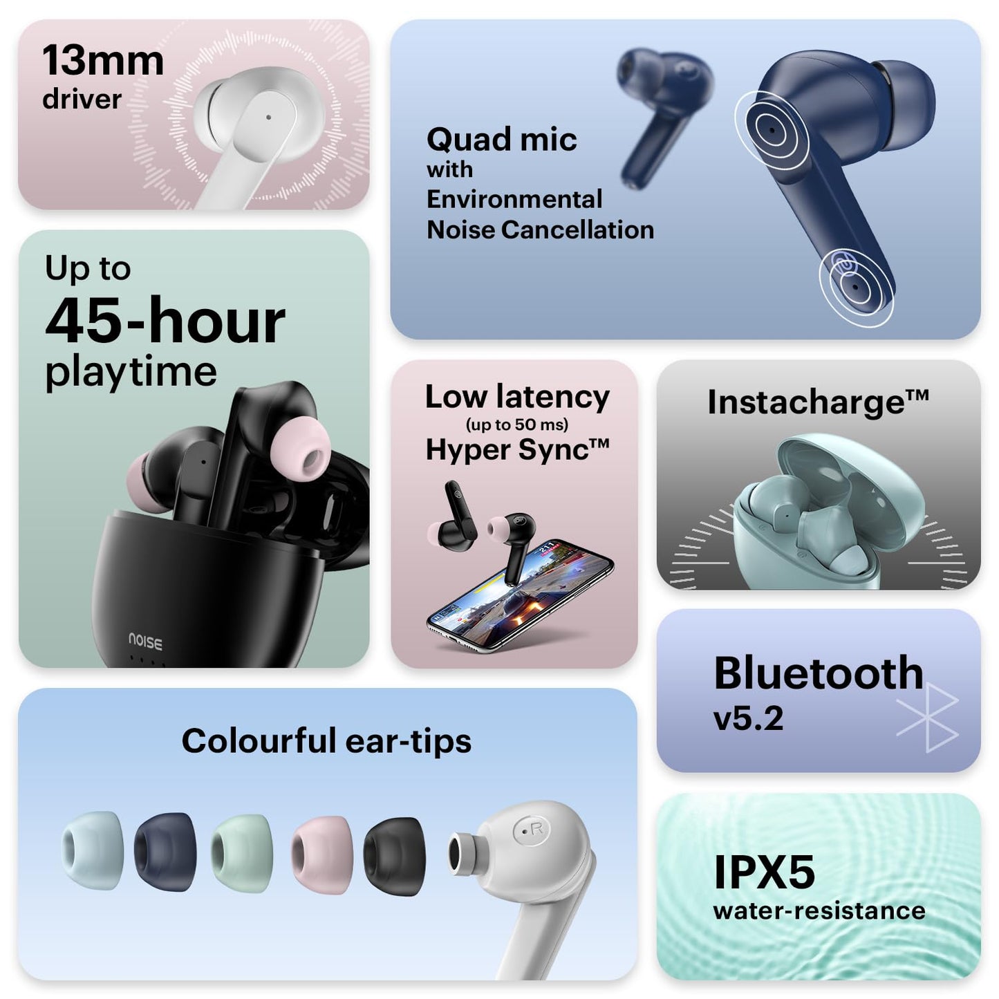 Noise Earbuds VS104 Truly Wireless Earbuds with 45H of Playtime, Quad Mic with ENC, Instacharge(10 Min=200 Min), 13Mm Driver, Low Latency, BT V5.2 (Mint Green)