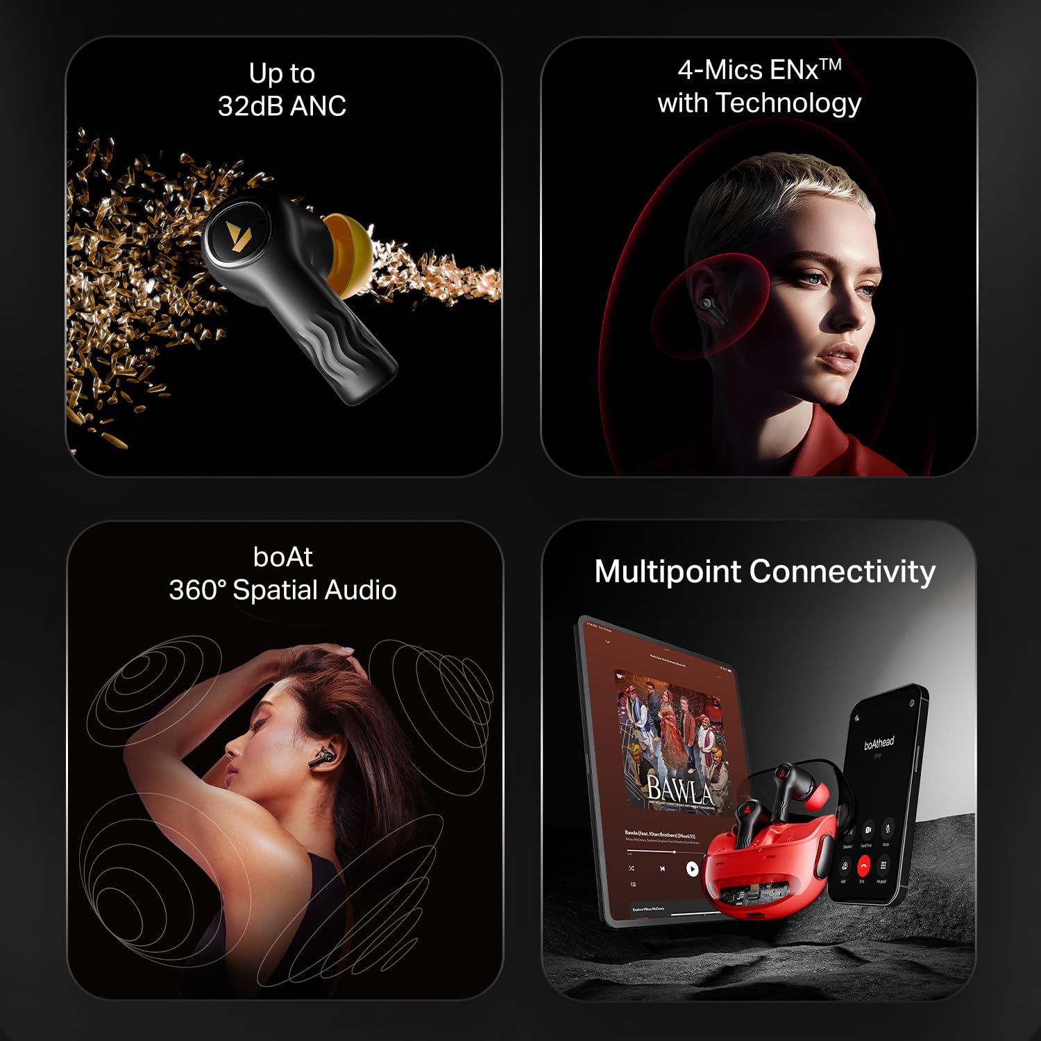 boAt Nirvana Crystl (2025 Launch), Transparent Case,Spatial Audio, ANC(~32dB), 100Hrs Battery,4Mics ENx,App Support, Bluetooth Earbuds, TWS Ear Buds Wireless Earphones with mic (Quantum Black)