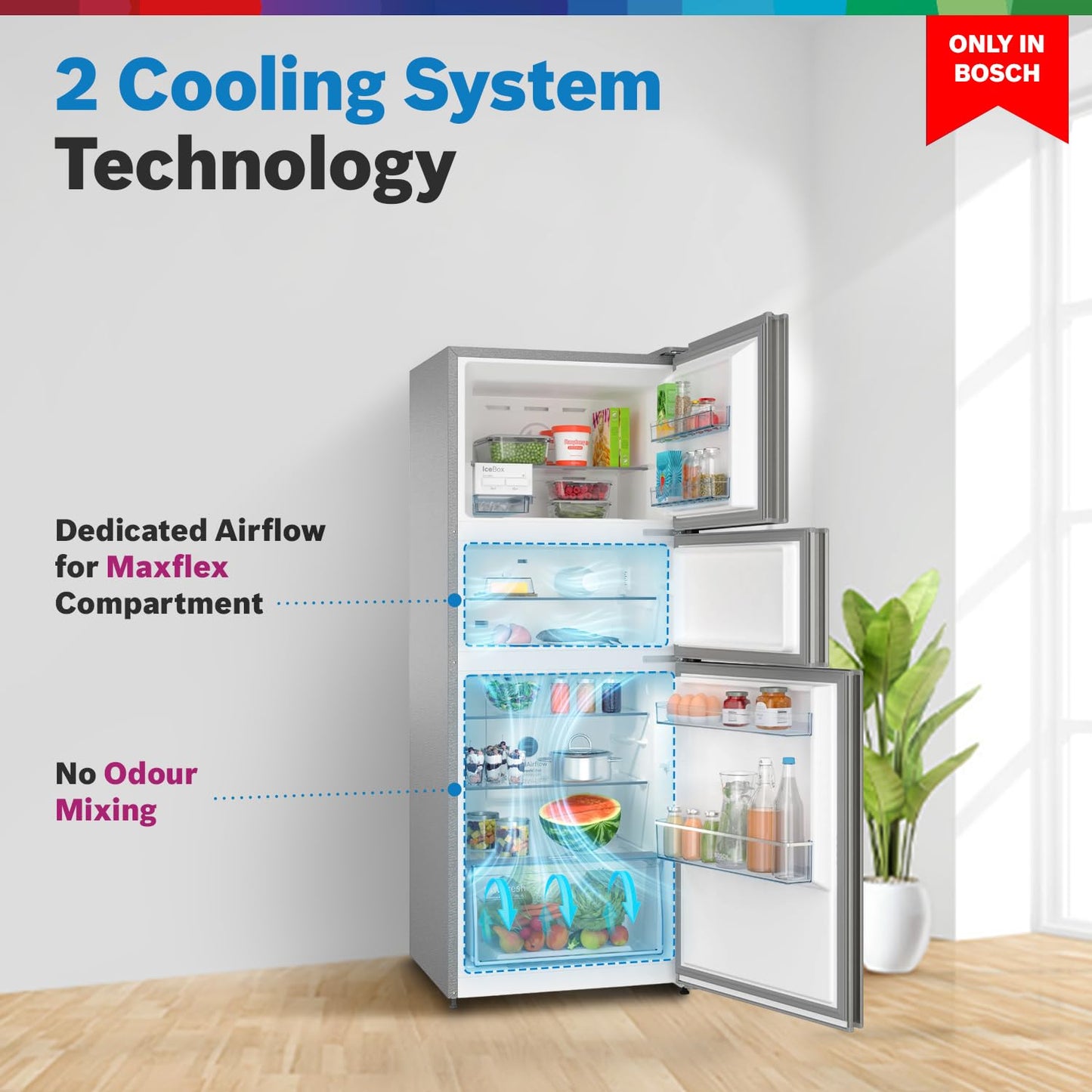 Bosch MaxFlex Convert 303L 3 Star Inverter Frost Free Triple Door Refrigerator (2023 model, CMC33S03NI, 8-in-1 Convertible, UV Protected Body Shield, VitaFresh Technology, Adaptive UI, Sparkly Steel)
