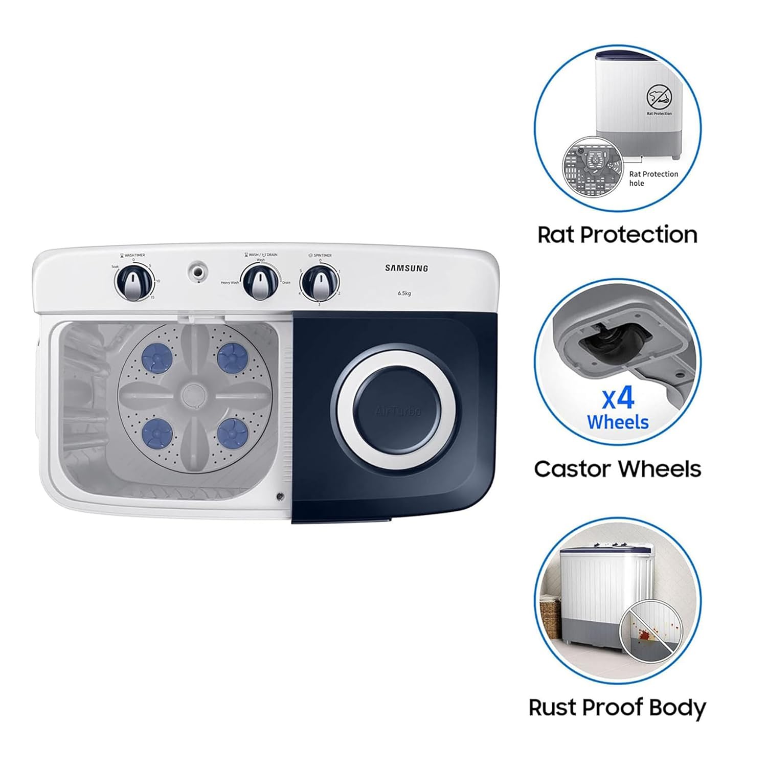 Samsung 6.5 kg, 5 star, Semi-Automatic Top Load Washing Machine (WT65R2200LL/TL, Air Turbo Drying, LIGHT GRAY, 5 Year Warranty on Wash Motor)