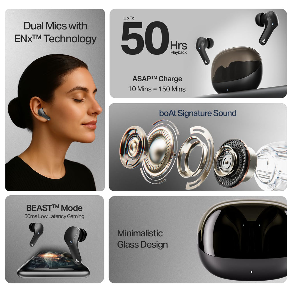 boAt Airdopes Plus 311 (2025 Launch), Glass Design, Dual Mics ENx, Fast Charge, 50 Hrs Battery, Low Latency, IPX4, Bluetooth Earbuds, TWS Ear Buds Wireless Earphones with mic (Charcoal Black)