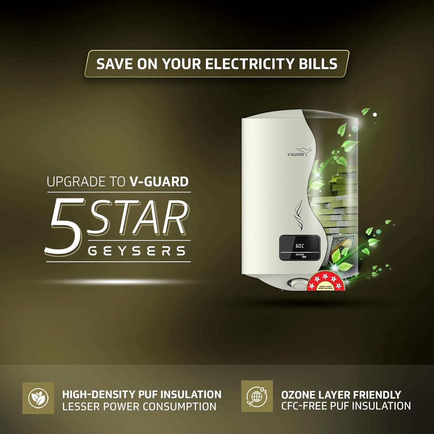 V-Guard Divino DG Geyser 15 Litre Water Heater with Digital Display | Suitable for Hard Water | Energy Efficient 5 Star Rating | Advanced 4 layered Safety | 5 Year Inner Tank Warranty by V-Guard