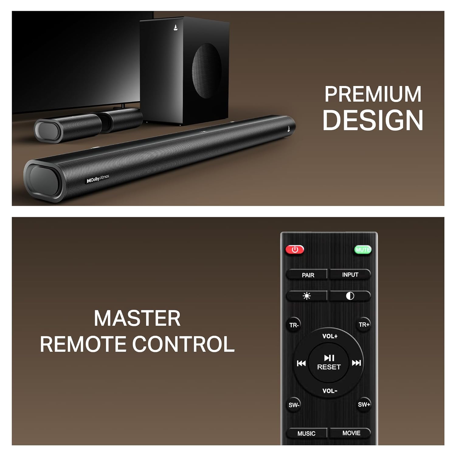 boAt Aavante Prime 5.1 5000DA (2025 Launch), Dolby Atmos, 500W, 5.1CH w/Wired Subwoofer & Wired Satellites, Multi Compatibility, Bluetooth Sound bar, Home Theatre Soundbar Speaker(Premium Black)