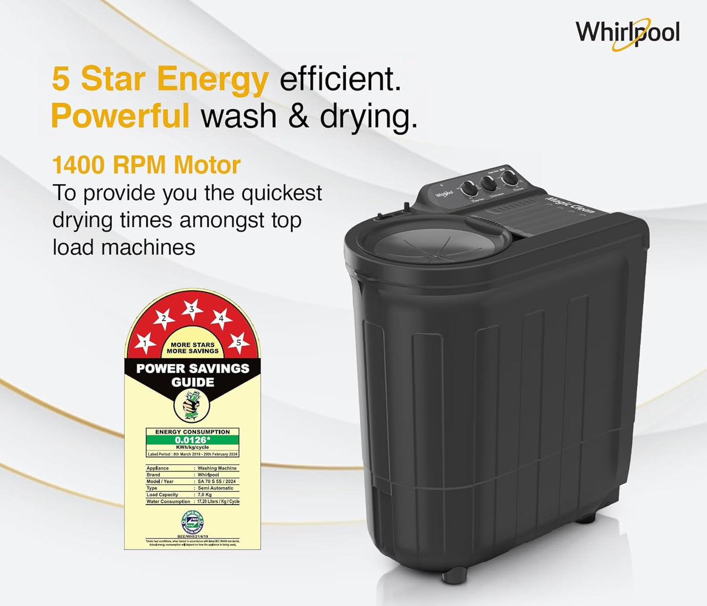 Whirlpool 7.0 Kg 5 Star MAGIC CLEAN Semi-Automatic Top Loading Washing Machine (MAGIC CLEAN RYL SRS 7.0 GREY DAZZLE (5YR), 4 Year Comprehensive Warranty, 1400 RPM Motor, 5 Year Motor Warranty)