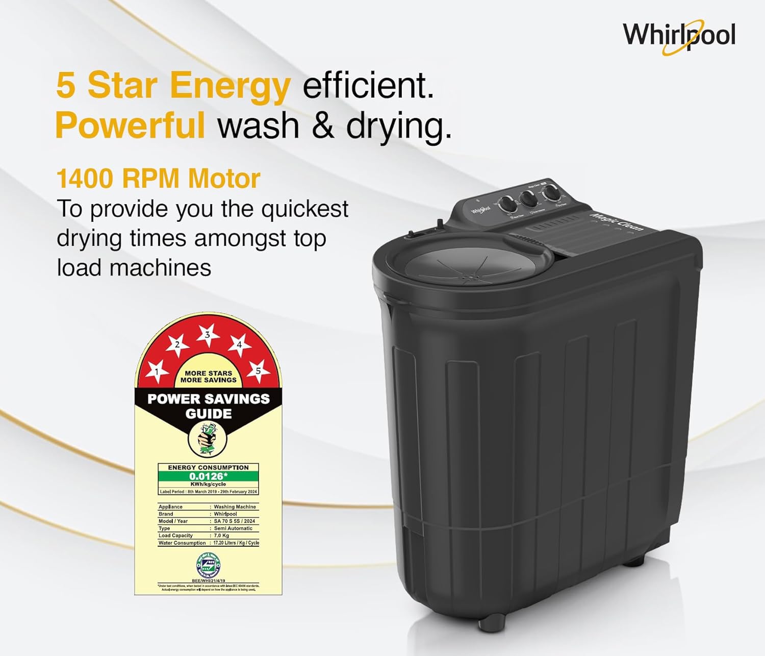 Whirlpool 7.0 Kg 5 Star MAGIC CLEAN Semi-Automatic Top Loading Washing Machine (MAGIC CLEAN RYL SRS 7.0 GREY DAZZLE (5YR), 4 Year Comprehensive Warranty, 1400 RPM Motor, 5 Year Motor Warranty)