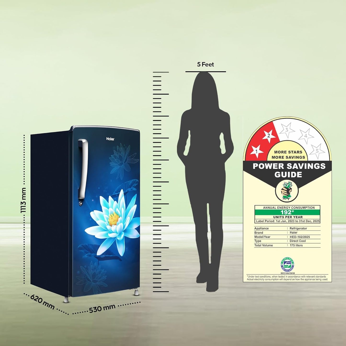 Haier 175 L, 2 Star, Direct-Cool Single Door Refrigerator (HED-182ML-N, Marine Lotus)