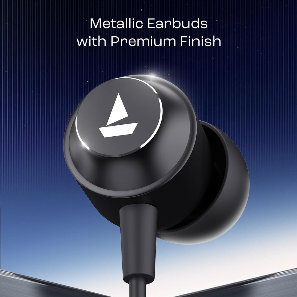 boAt Bassheads 162 V2 Wired in Ear Phones with 10Mm Drivers, Metallic Earbuds, Integrated Controls, in-Line Microphone, Ergonomic Fit, Braided Cable & 3.5Mm Jack(Bold Black)