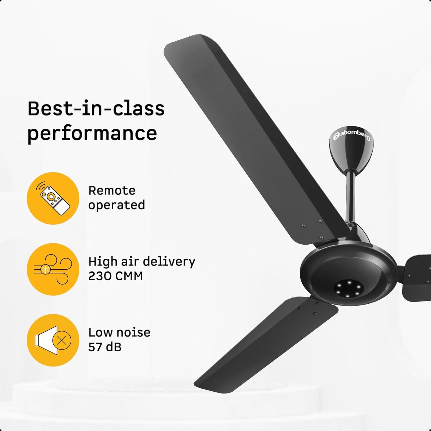 atomberg Efficio Alpha 1200mm BLDC Ceiling Fan with Remote Control | BEE 5 star Rated Energy Efficient Ceiling Fan | High Air Delivery with LED Indicators | 2 Year Warranty (Gloss Black)