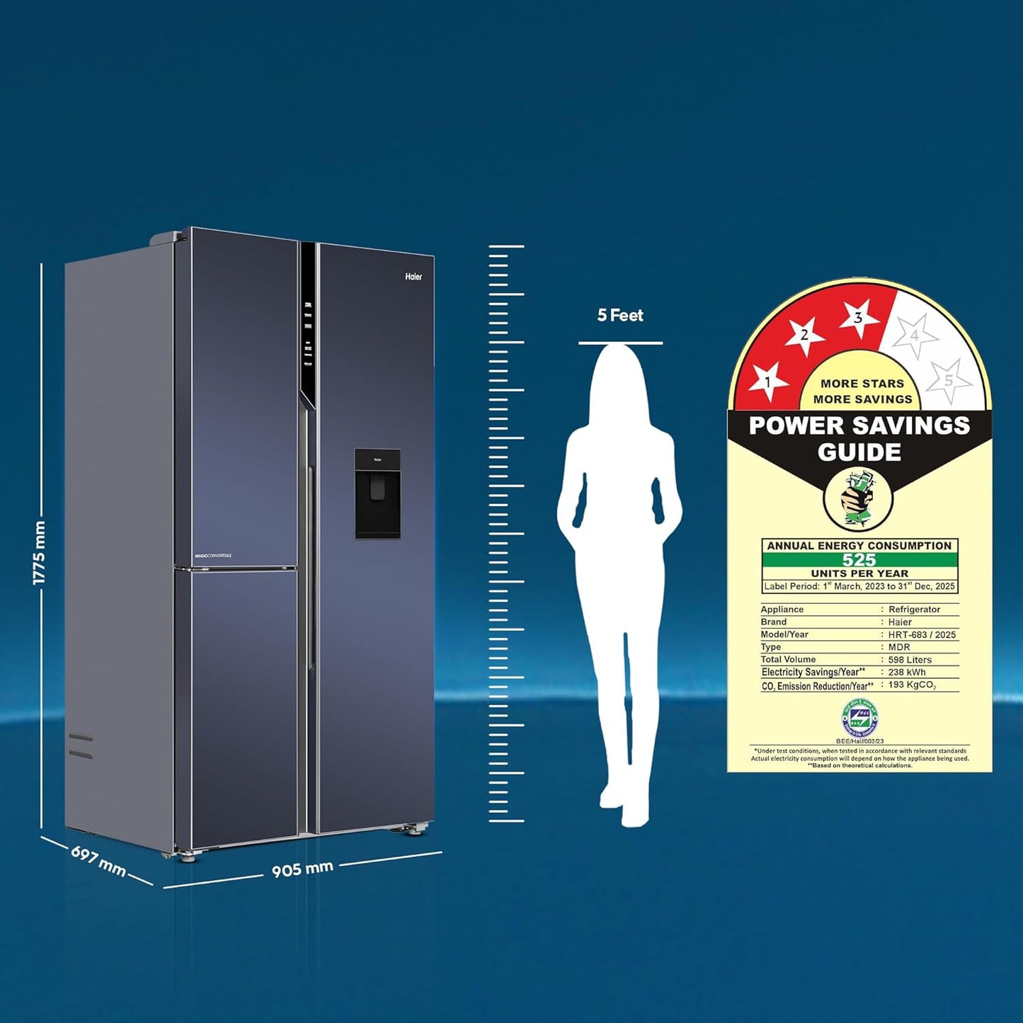 Haier 592L 3Star 3-Door Water Dispenser Side by Side Frost Free Refrigerator|Convertible|Smart Sense AI|Inverter|Digital Display Panel|Deo Fresh Technology (2025 Model, HRT-683WGKU1, Graphite Black)