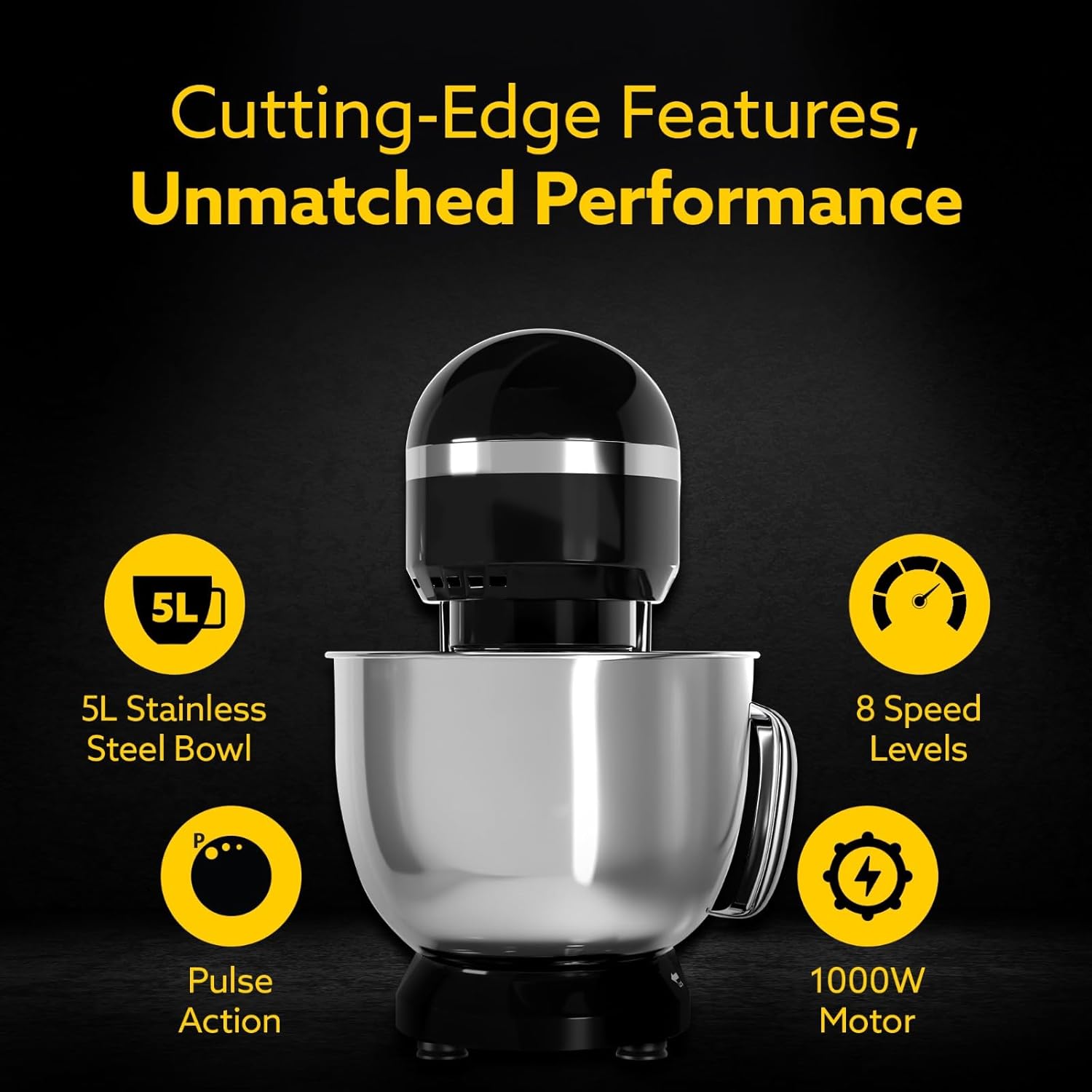 AGARO Royal Stand Mixer 1000W with 5L SS Bowl and 8 Speed Setting I Includes Whisking Cone, Mixing Beater & Dough Hook, and Splash Guard, 2 Years Warranty, (Black)