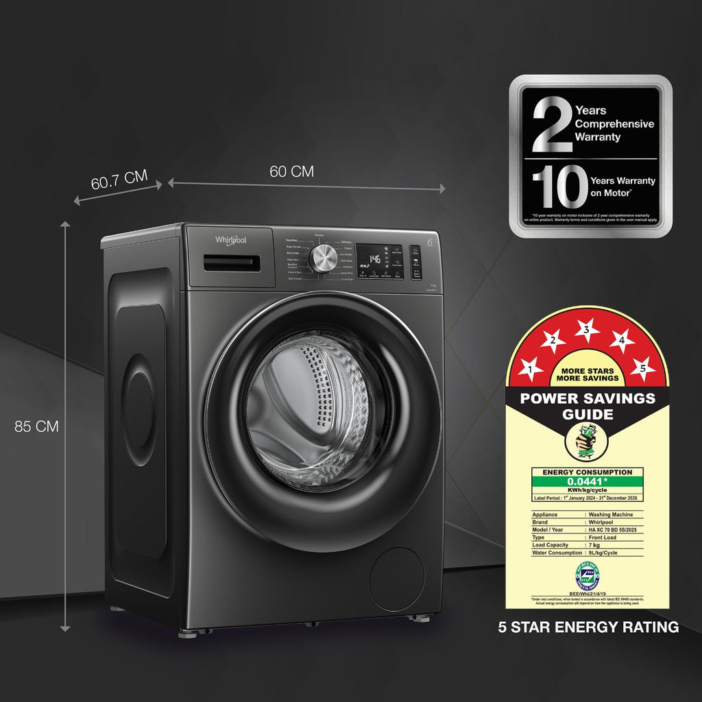 Whirlpool 7 Kg 5 Star Inverter Front Load Washing Machine with In-Built Heater (SUPREME CARE 7012 -E, Midnight Grey, 100+ Tough Stains, Steam Technology, 2025 Model)