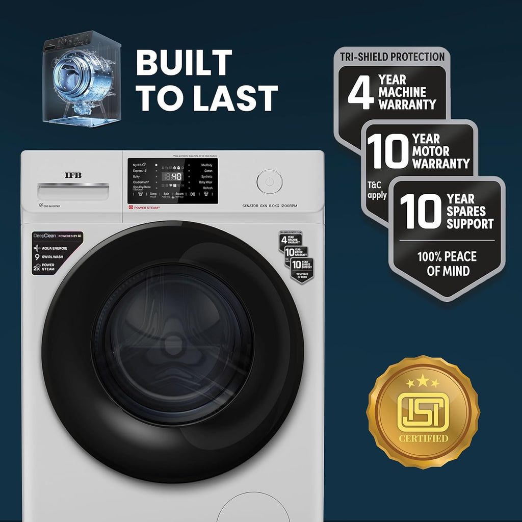 IFB 8 Kg 5 Star Powered by AI with 9 Swirl Wash, WiFi, Fully Automatic Front Load Washing Machine (Senator GXN 8012, Steam Refresh Program with Eco Inverter, Grey)