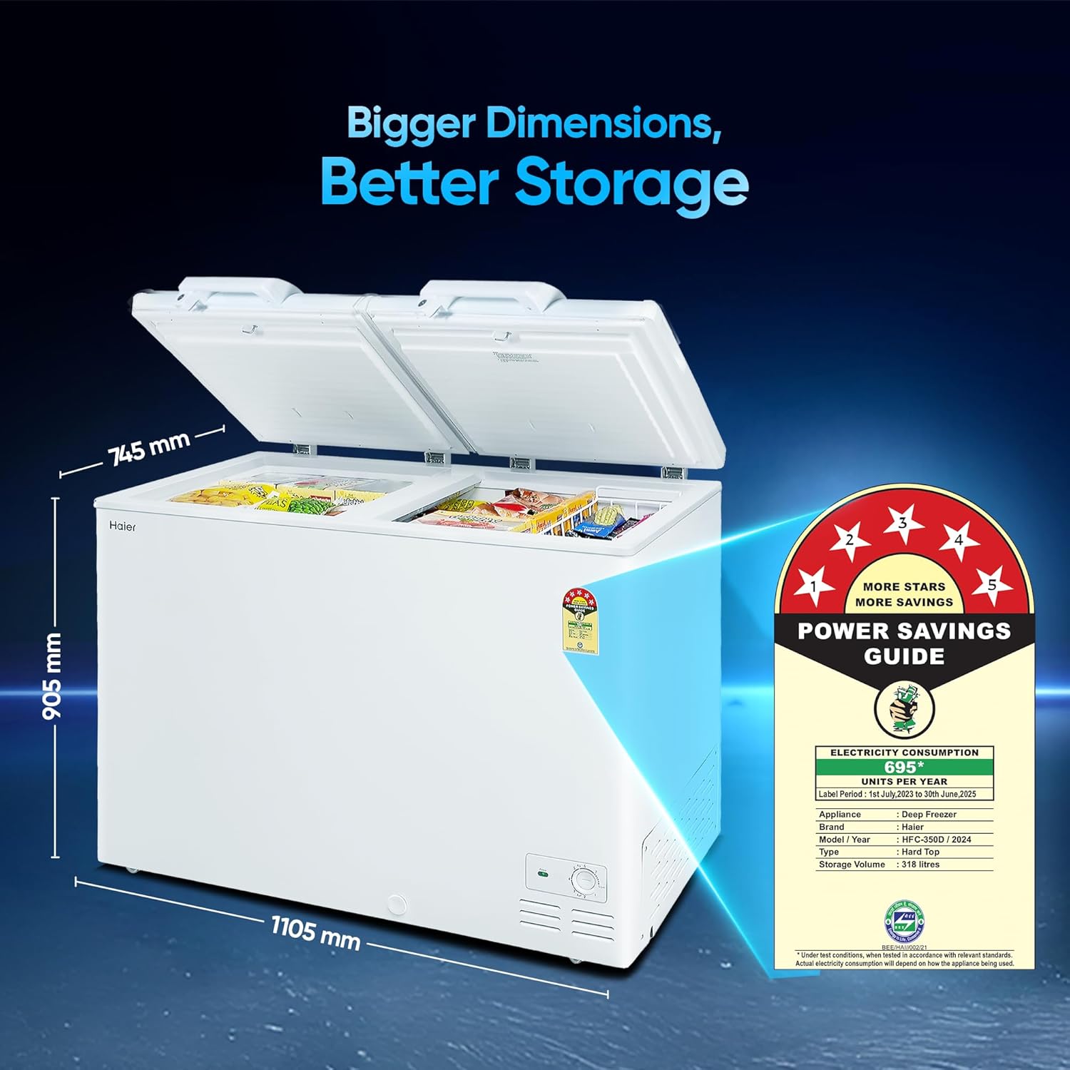 Haier HFC-350DM5, 5 Star Rating Double Door Convertible Deep Freezer, 5 Side Freezing, Dual Condenser, inside metal liner with 4 Years Comprehensive Warranty (White)