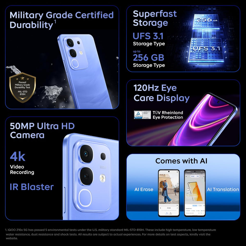 iQOO Z10x 5G (Ultramarine, 6GB RAM, 128GB Storage) | 6500 mAh Large Capacity Battery | Dimensity 7300 Processor | Military-Grade Durability