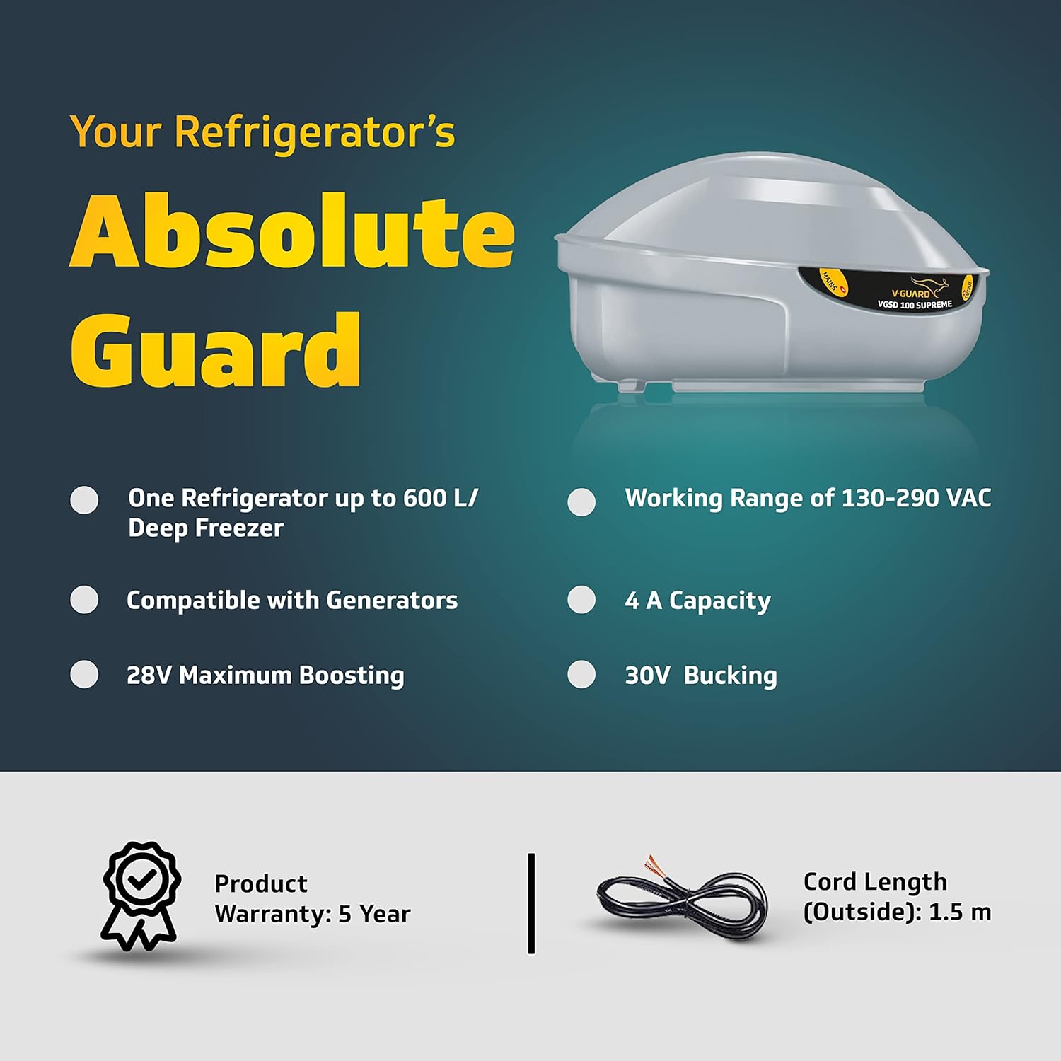 V-Guard VGSD 100 Supreme Refrigerator Stabilizer (For Single or Double Door Refrigerator between 300 to 600 Litre/One Deep Freezer) (Grey)