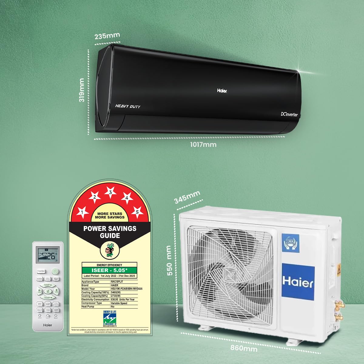 Haier Black Edition 1.5 Ton 5 Star AI Climate Control Smart Split AC (5460 Watts, Copper, HEXA Inverter, Heavy Duty, 4-Way Swing, Frost Clean, HD Filter, Cools at 60°C-HSU19K-PZAIB5BN-INV, Black)