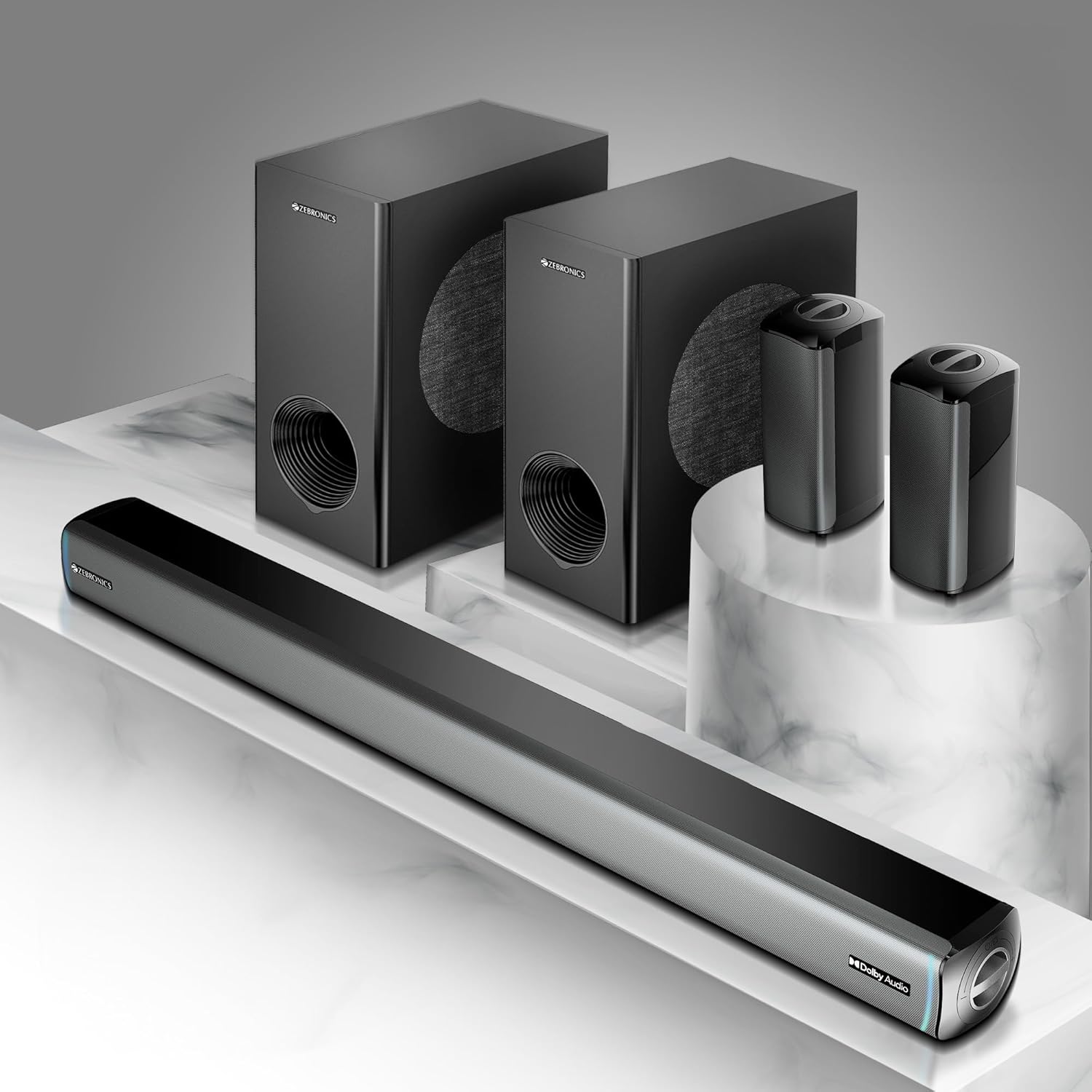 ZEBRONICS Juke bar 9550 pro 5.2 Soundbar (625 Watts), Dolby Audio, Dual Wireless Subwoofer & Wired Satellite, BT v5.3, HDMI ARC, Optical, Powerful Bass, RGB LED Lights, Wall Mountable, Silver