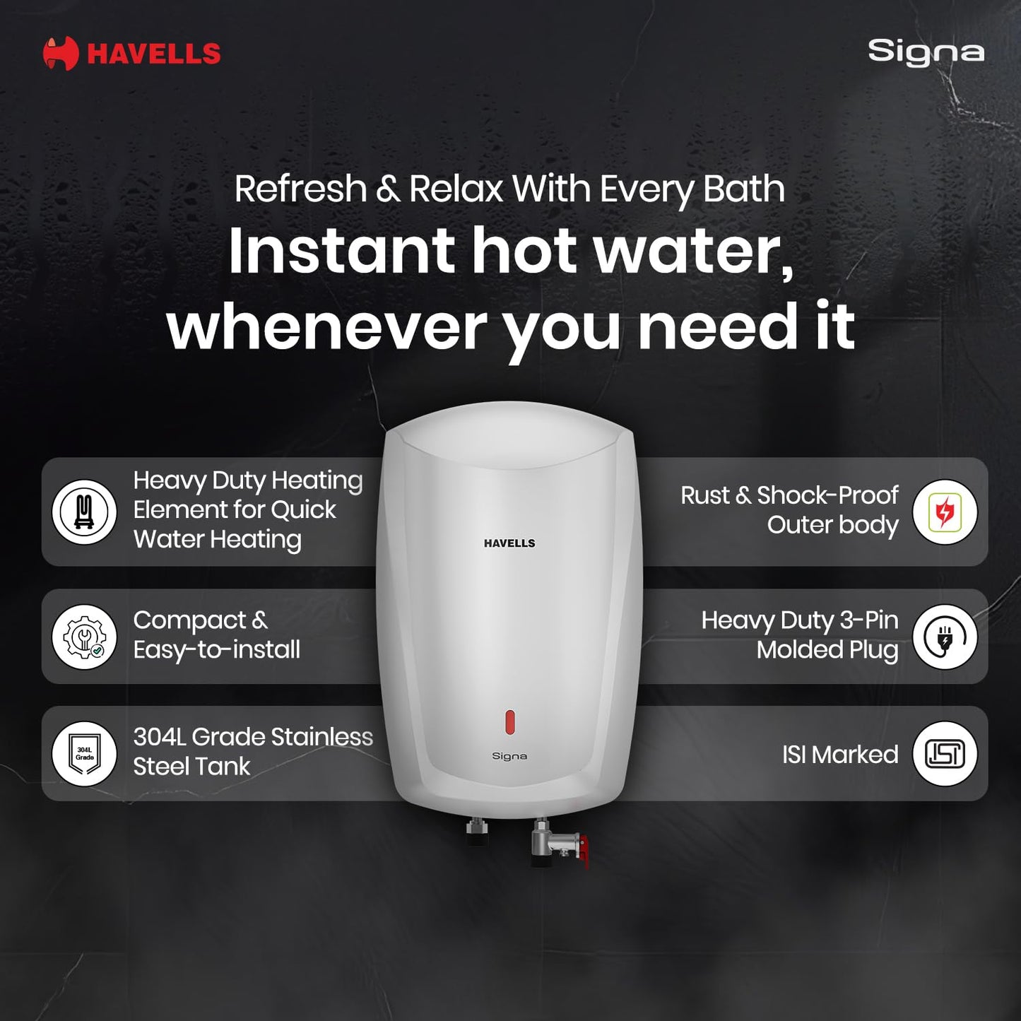 Havells Signa 5 Litre Instant Water Heater(Geyser)| Twin LED Indicator| Rust and Shock Proof Body| ISI Marked| Fire Retardant Power Cord| Warranty: 5 year on inner tank & 2 year comprehensive (White)