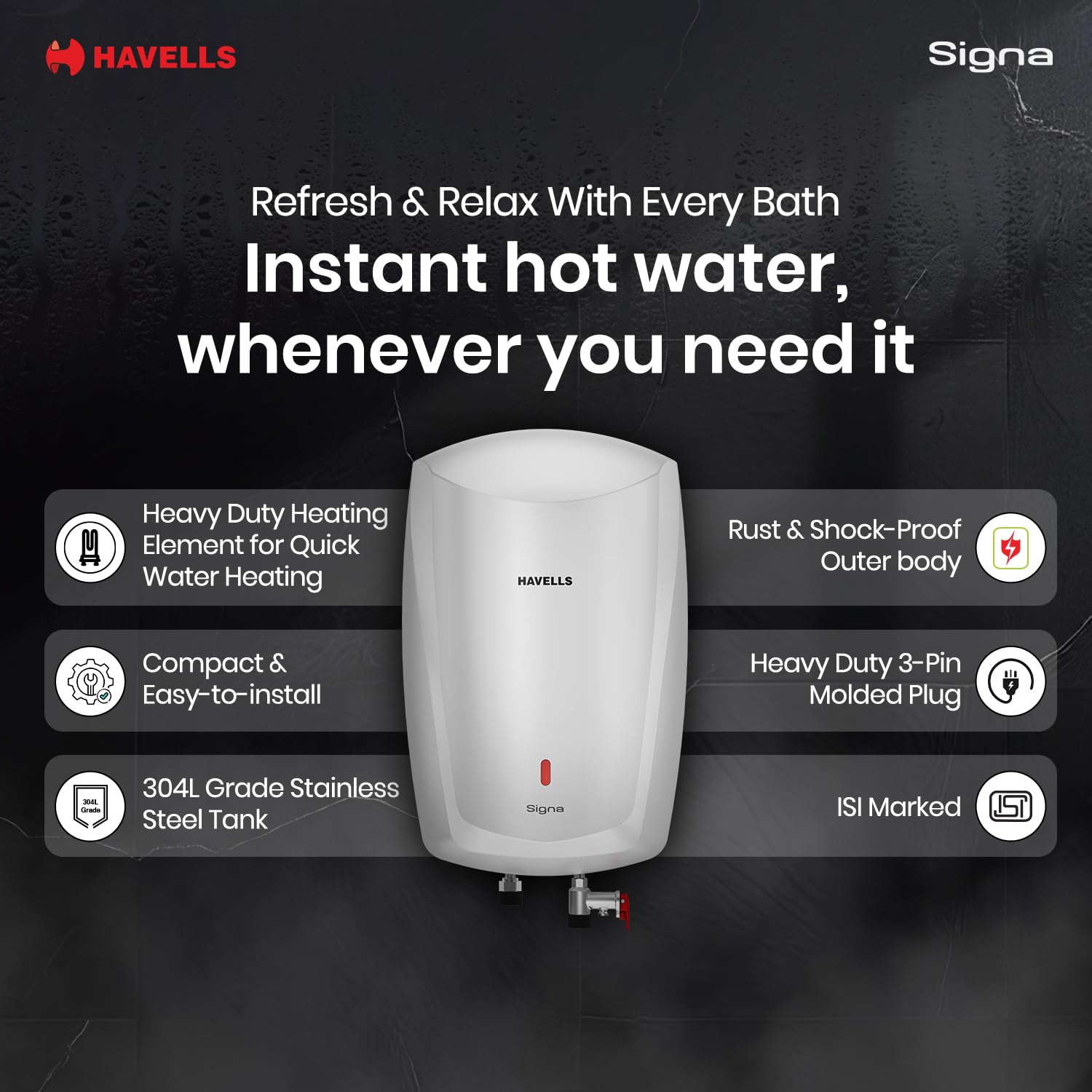 Havells Signa 5 Litre Instant Water Heater(Geyser)| Twin LED Indicator| Rust and Shock Proof Body| ISI Marked| Fire Retardant Power Cord| Warranty: 5 year on inner tank & 2 year comprehensive (White)