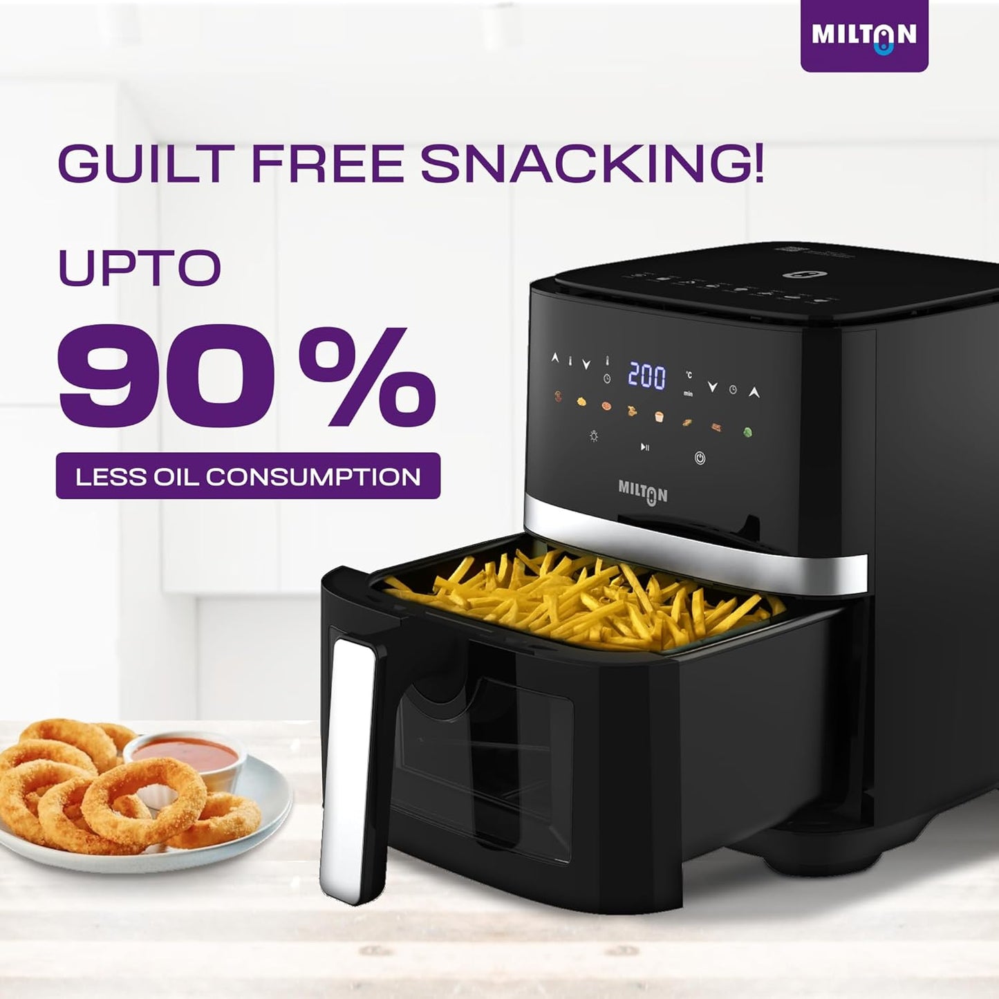 Milton Rapid Digital Air Fryer 5L | 1450W | 360° High Speed Air Circulation | Up to 90% Less Oil Usage | 8 Preset Menus | Touch Control Panel & Digital Display | Auto Shut-Off | 1 Year Warranty