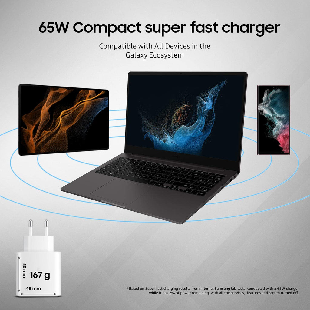 Samsung Galaxy Book2 Intel 12th Gen core i5 39.6cm (15.6") FHD LED Thin & Light Laptop (8 GB/256 GB SSD/Windows 11/MS Office/Backlit Keyboard/Finger Print Reader/Graphite/1.57Kg), NP750XED-KB1IN