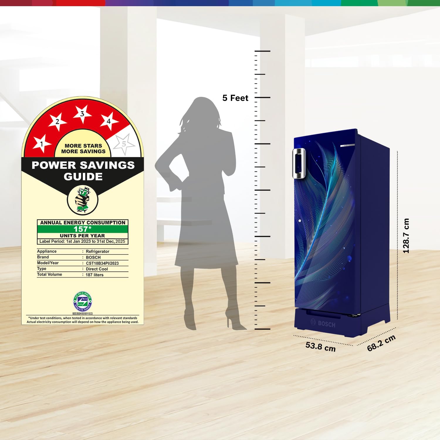 Bosch 187L, 4 Star, Single Door Refrigerator with Industry's largest base drawer, vegetable box* & Beverage space (CST18B34PI, Feather blue) 18 Hr Cooling Retention, 2.5x Cooling, inverter compressor