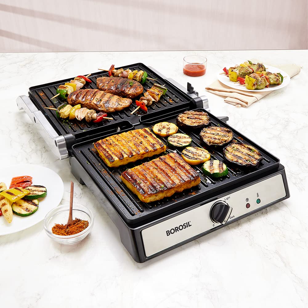 Borosil Jumbo Grill Sandwich Maker | Can Make 4 Sandwich At a Time | Electric Toaster Maker | Non-Stick Coating Plates Opens to 180°, BPA & PTFE Free | Power Indicators | 2 Year Warranty (2000W)