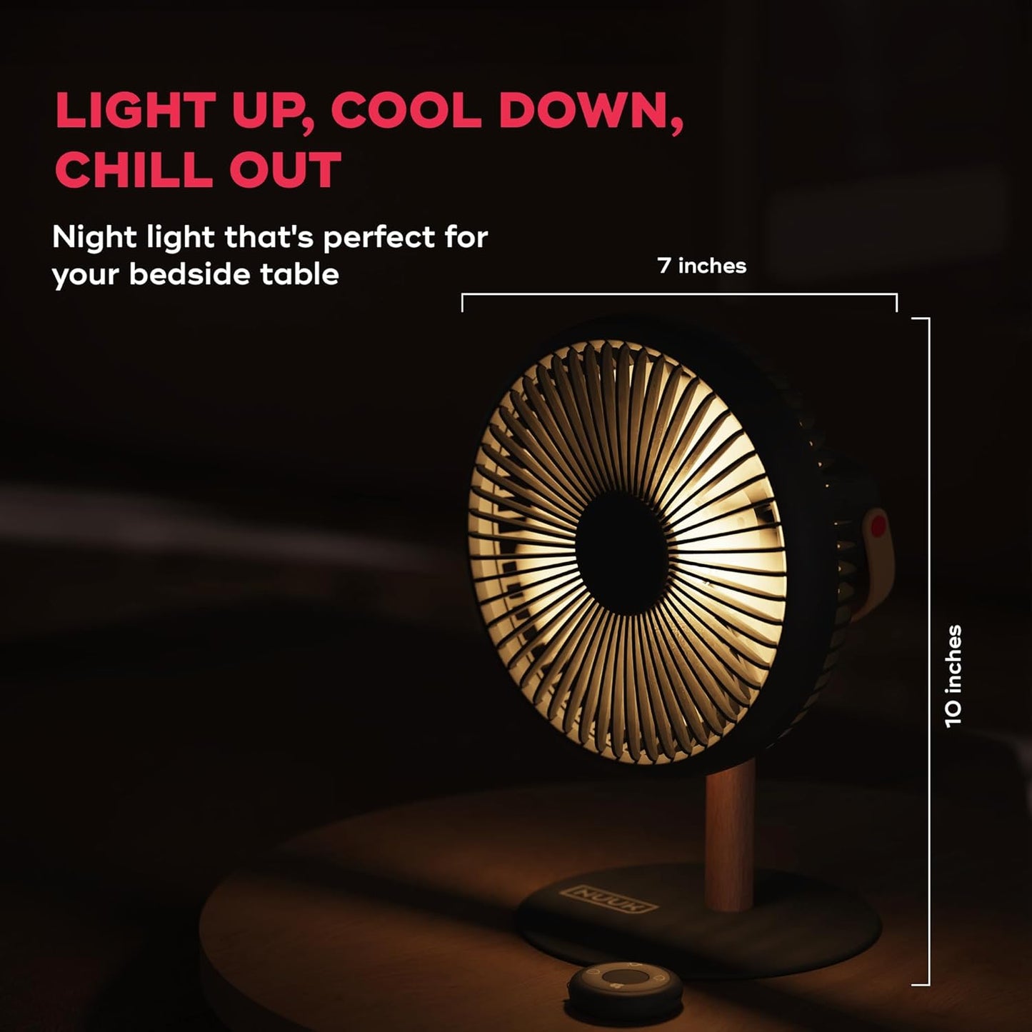 NUUK LIT v2 Cordless & Rechargeable 7 Inch Table Fan with Night Light & Remote Control | Auto Oscillation with 4 Wind Modes | BLDC Fan with Up To 17 Hour Run Time | Portable Table Fan for Home, Office