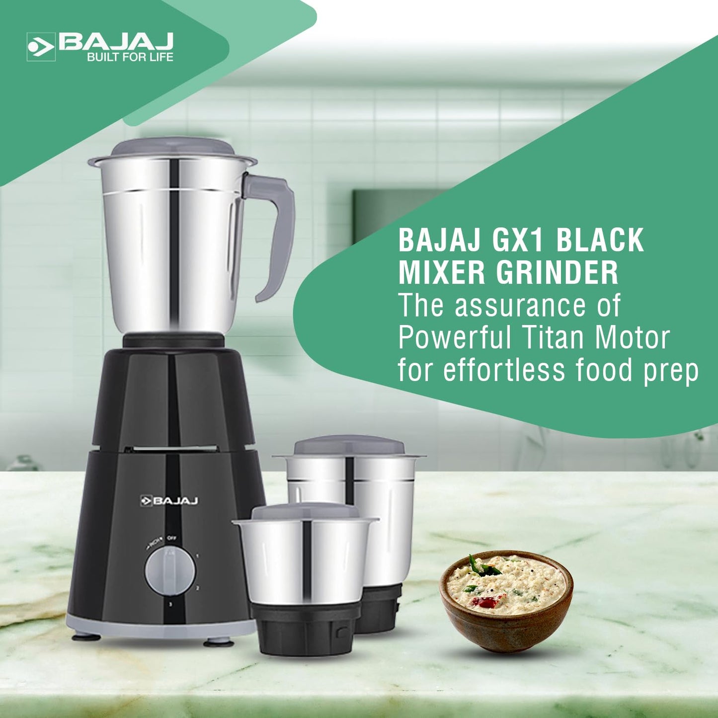 Bajaj GX-1 Mixer Grinder 500W | Superior Mixie For Kitchen | 2-In-1 For Dry Grinding | Blade Function With Titan Motor | 3 Stainless Steel Mixer Jars | 1 Year Product Warranty By Bajaj 【Black】