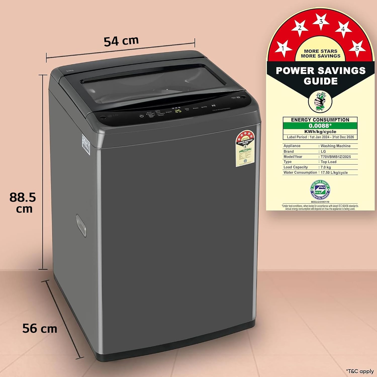 LG 7 Kg 5 Star Smart Inverter Technology Fully Automatic Top Load Washing Machine (T70VBMB1Z, Auto Prewash, Turbodrum, Stainless Steel drum, LED Display, Smart Diagnosis Middle Black)