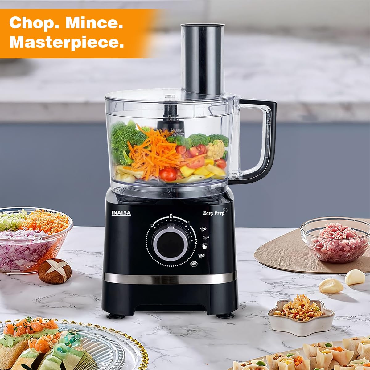 INALSA Food Processor with Atta Kneader 800 Watts|1.4L Processing Bowl 7 Accessories including Dough Maker Electric Chopper,French Fry Cutter,Slicer,Shredder,Meat Mincer Dough Maker Machine,Easy Prep