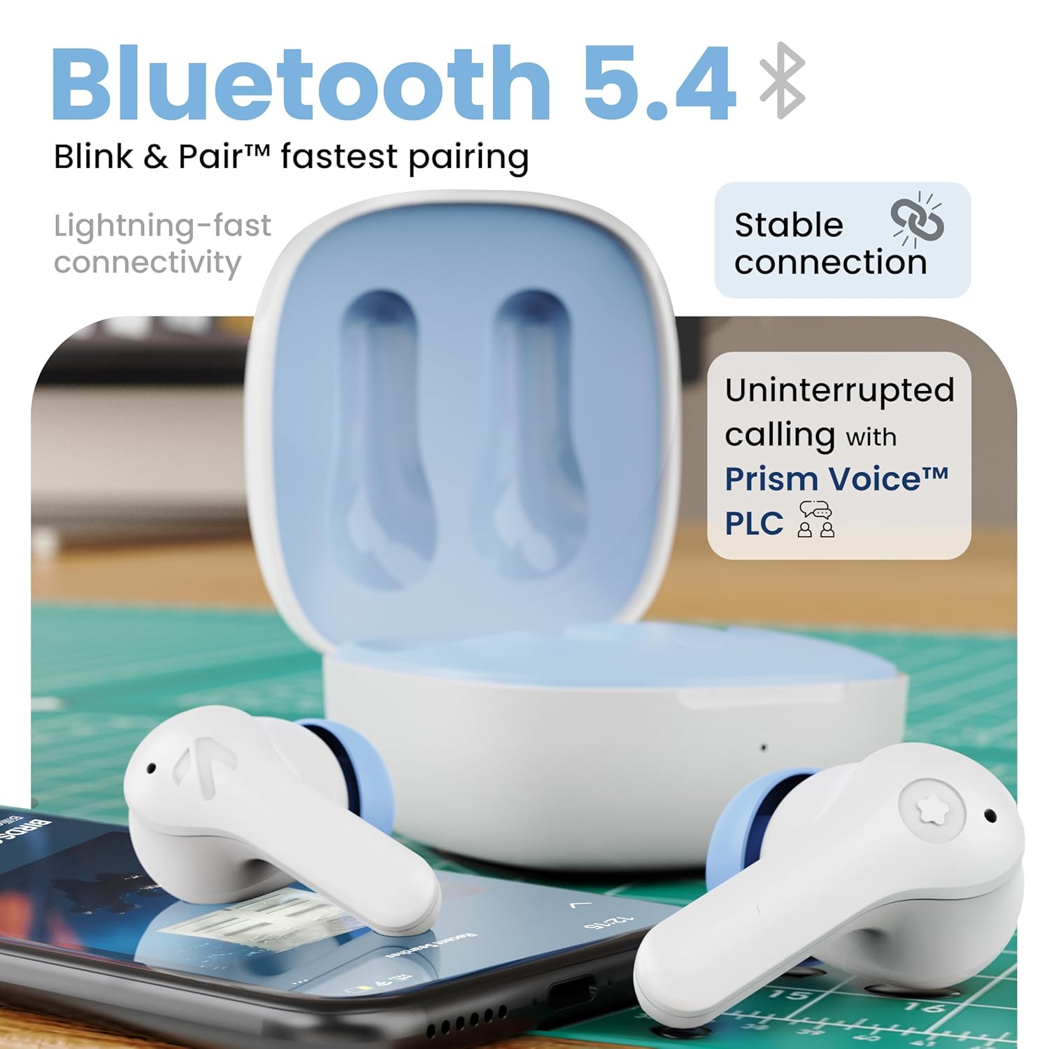 GOBOULT K10 Truly Wireless Bluetooth in Ear Earbuds with 50H Playtime, 4 Mic Clear Calling, 45ms Low Latency, 10mm Drivers, Touch Controls, Type-C Fast Charging, TWS Ear Buds Wireless (Ice Blue)