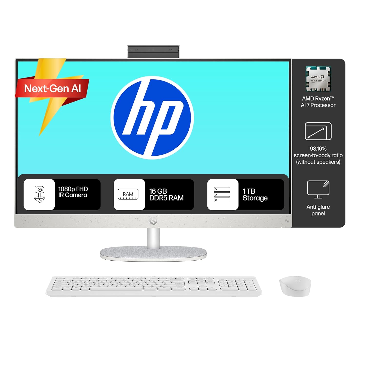 HP Next Gen AI AIO, AMD Ryzen AI 7 350, 50 Tops,(16GB DDR5,1TB SSD) IPS, 300 nits, Anti-Glare, 27inch(68.6cm) FHD, Win 11, Office24, Shell White, 11.9kg, FHD Camera w/Privacy shuttter, 27-ct2073in