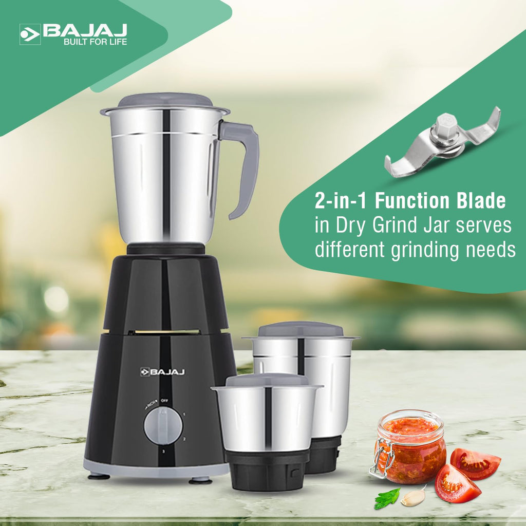 Bajaj GX-1 Mixer Grinder 500W | Superior Mixie For Kitchen | 2-In-1 For Dry Grinding | Blade Function With Titan Motor | 3 Stainless Steel Mixer Jars | 1 Year Product Warranty By Bajaj 【Black】