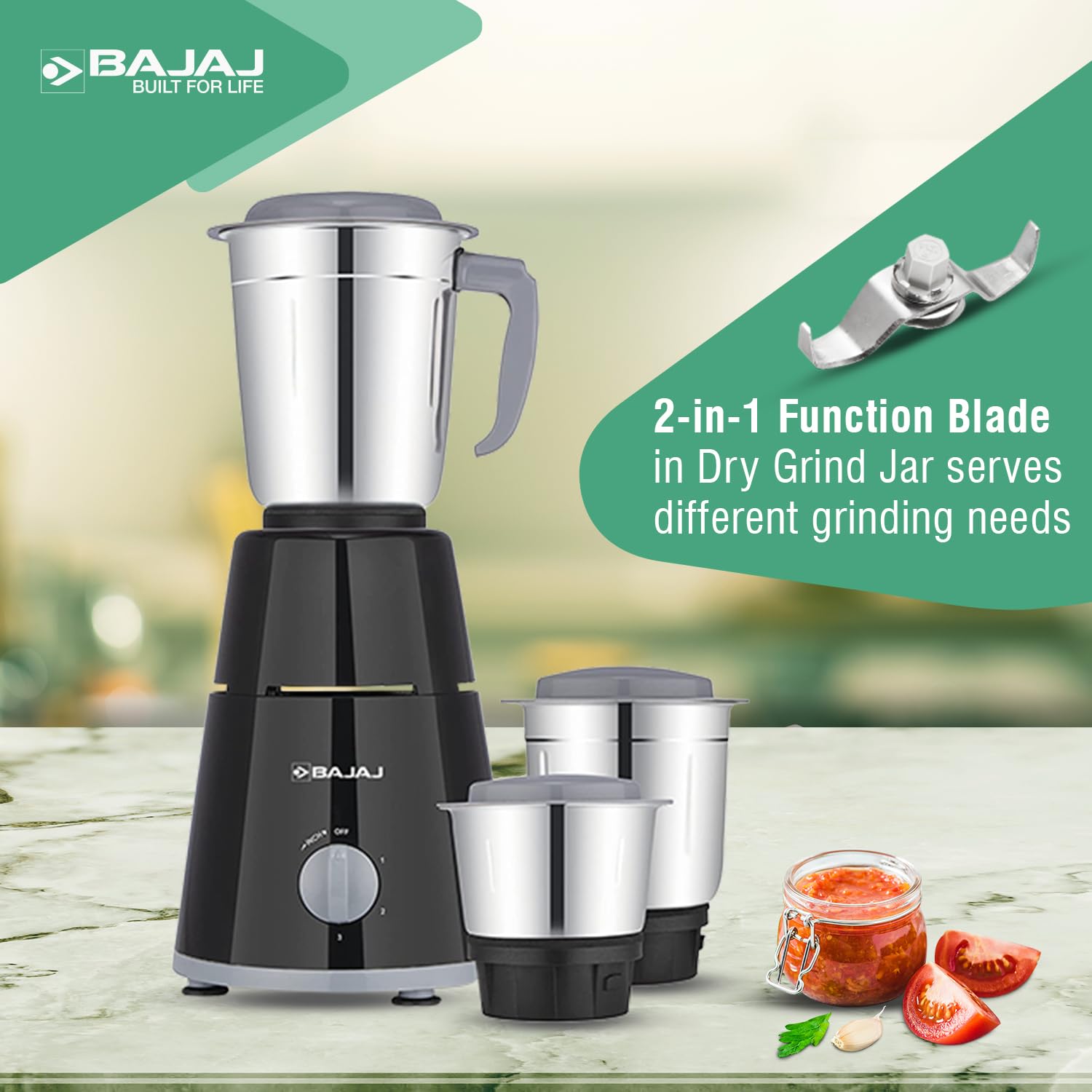 Bajaj GX-1 Mixer Grinder 500W | Superior Mixie For Kitchen | 2-In-1 For Dry Grinding | Blade Function With Titan Motor | 3 Stainless Steel Mixer Jars | 1 Year Product Warranty By Bajaj 【Black】